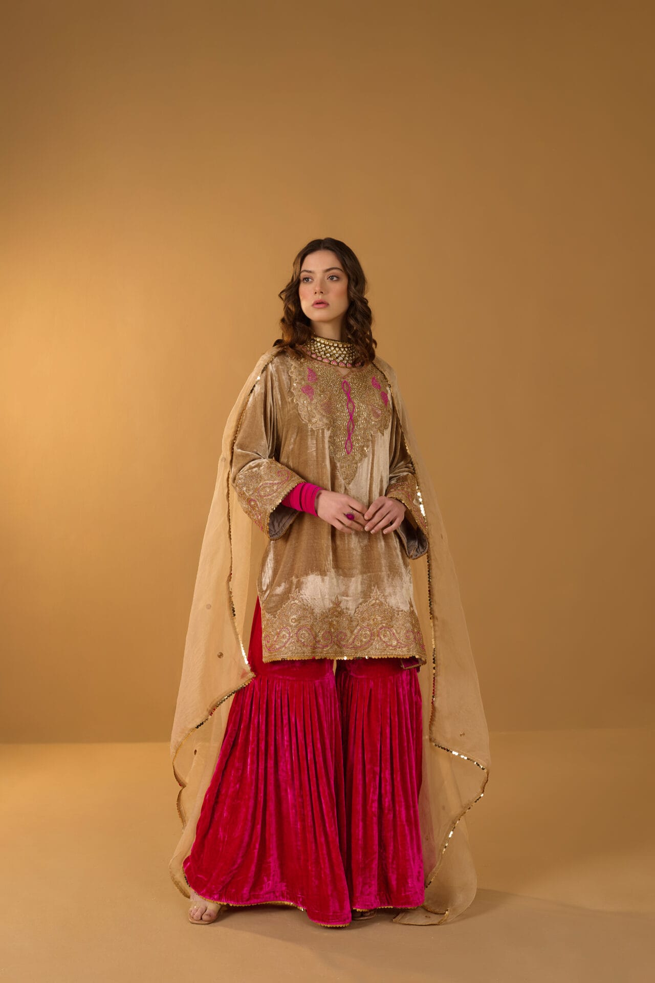Beige and  Pink Hand Embroidered Kurta Gharara Organza Dupatta