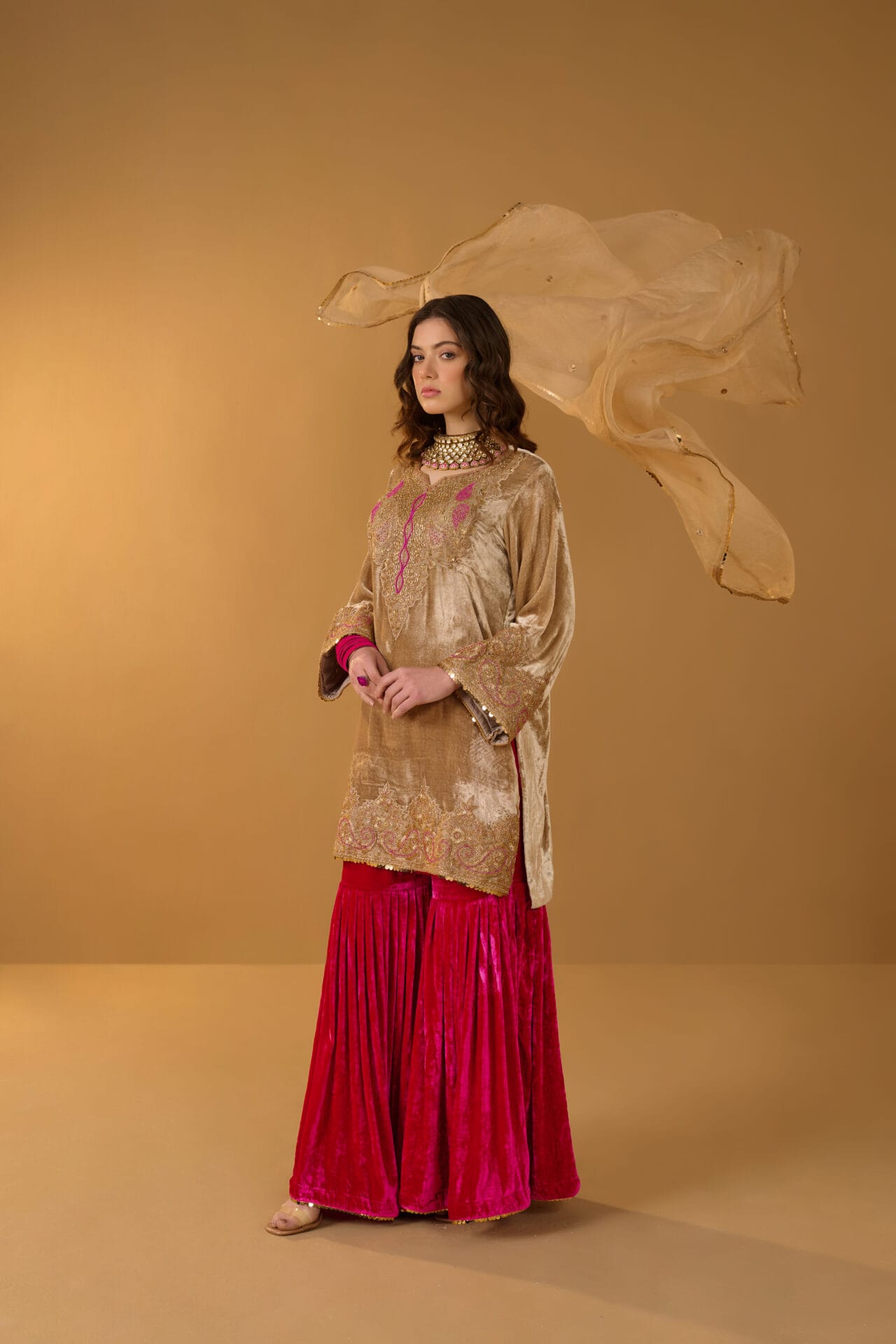 Beige and  Pink Hand Embroidered Kurta Gharara Organza Dupatta