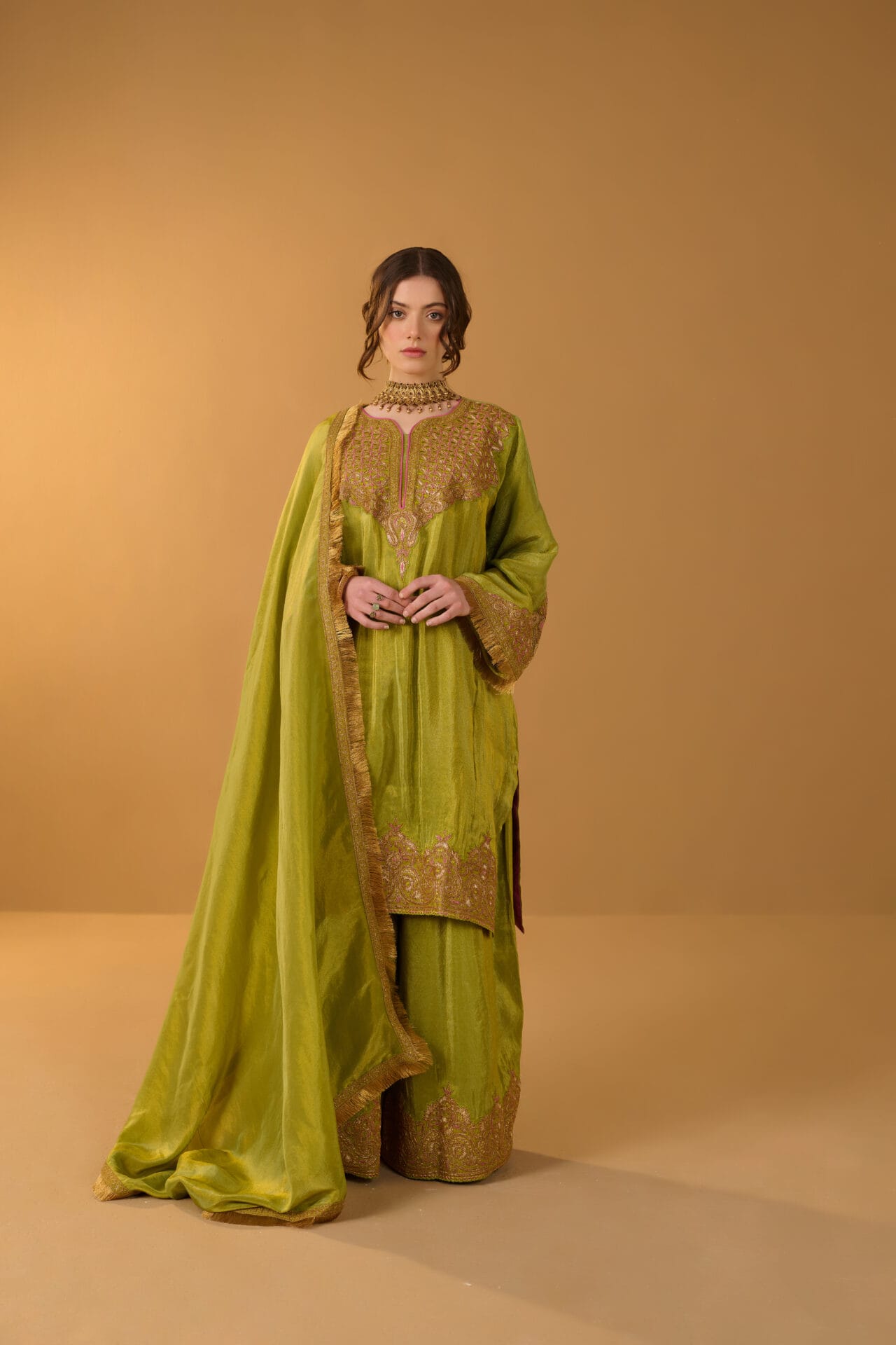 Green Tilla Embroidered Pheran Palazzo Organza Dupatta
