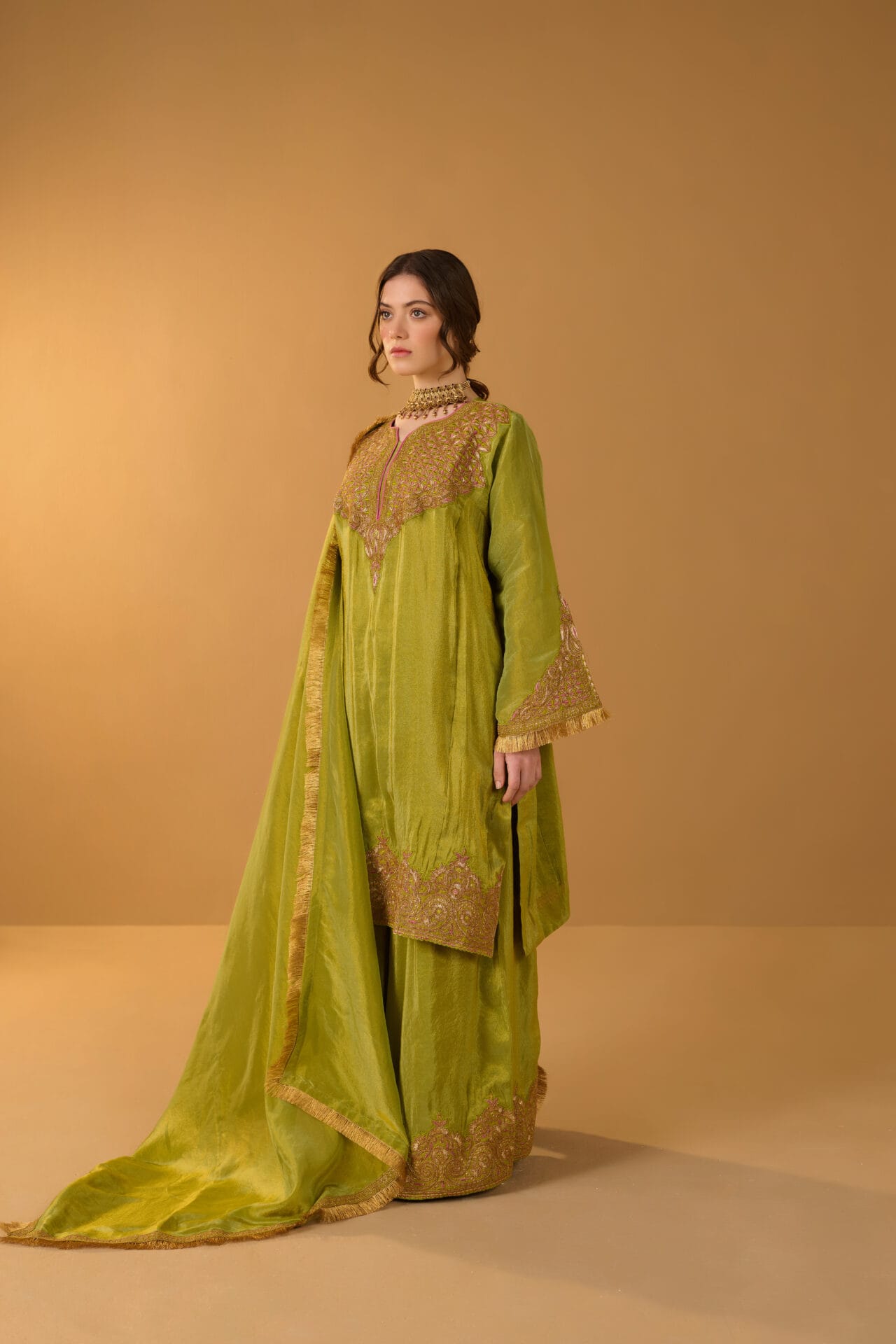Green Tilla Embroidered Pheran Palazzo Organza Dupatta