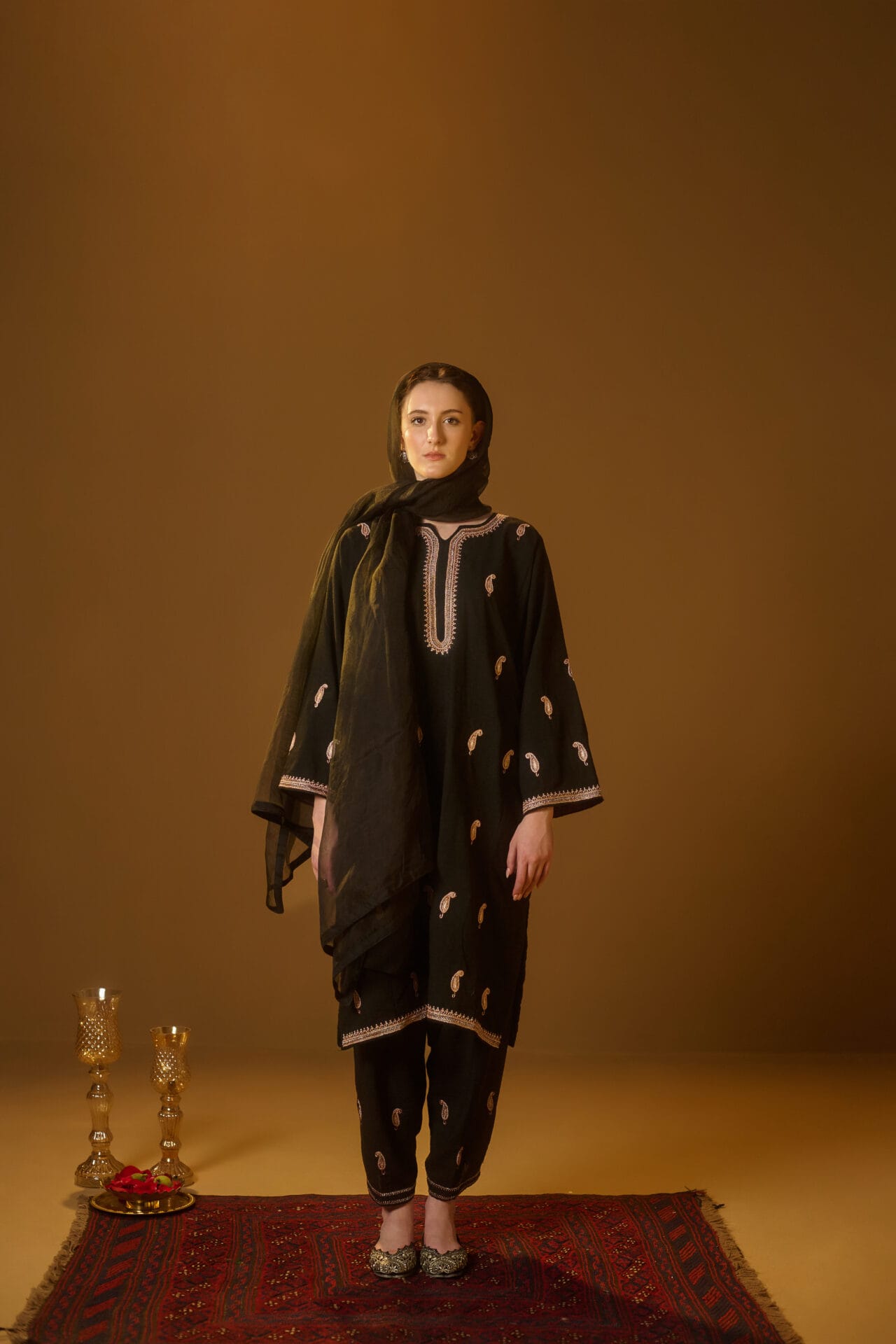 Black Hand Embroidered Pheran Salwar Organza Dupatta