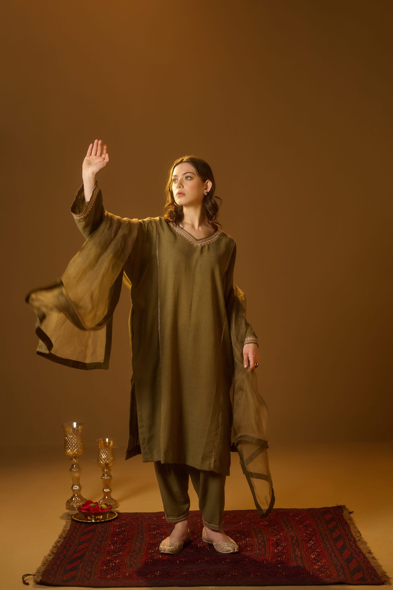 Olive green Hand Embroidered Pheran Salwar Organza Dupatta