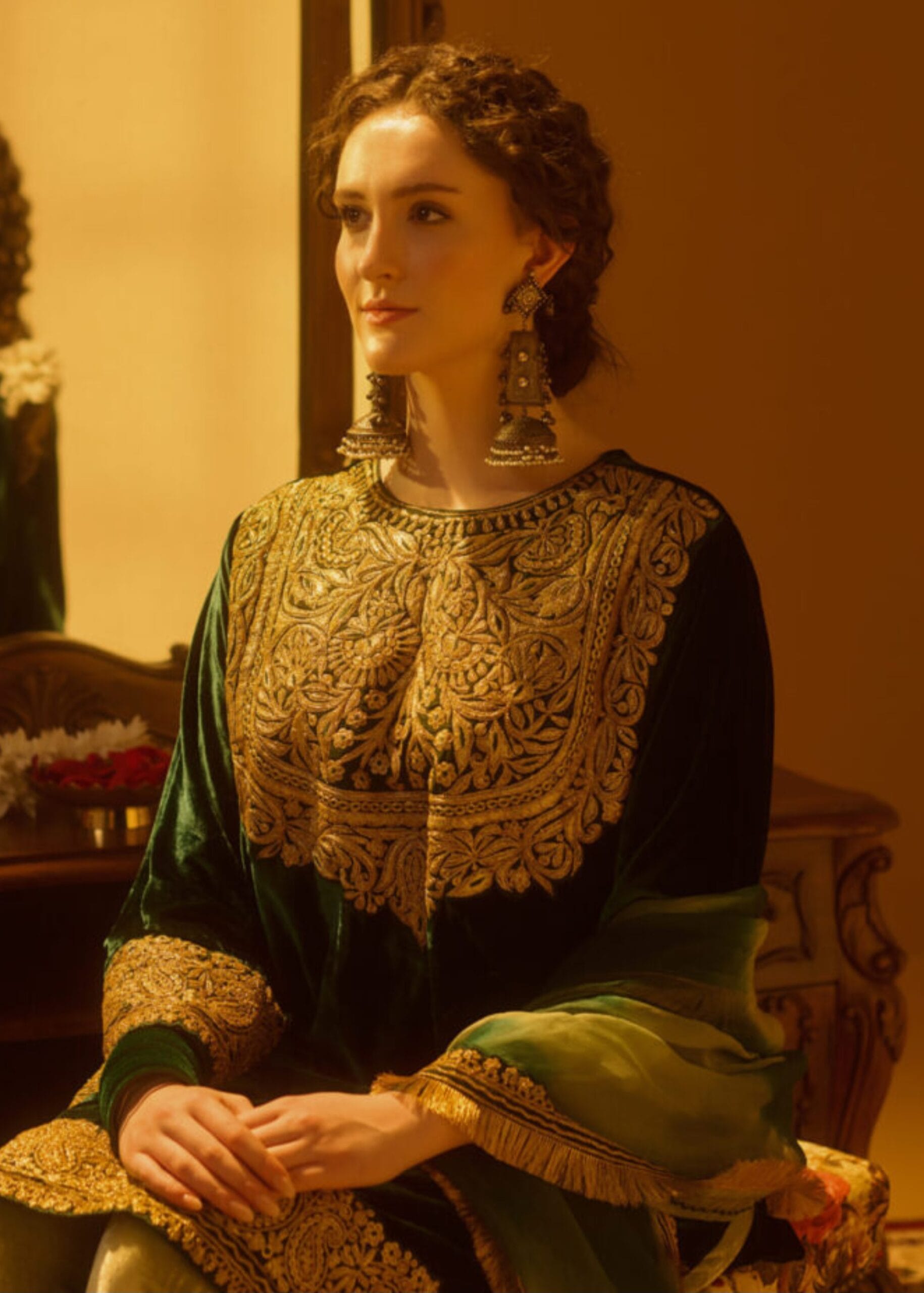 Green Tilla Embroidered Pheran Salwar Organza Dupatta