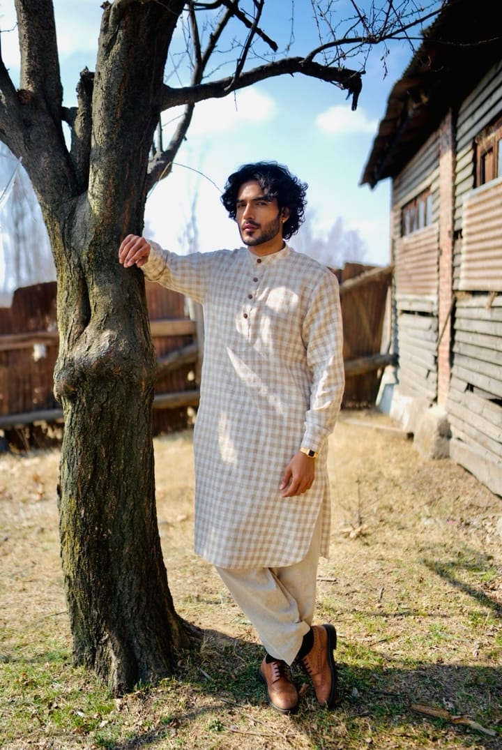 Off White Check Printed Kurta Salwar