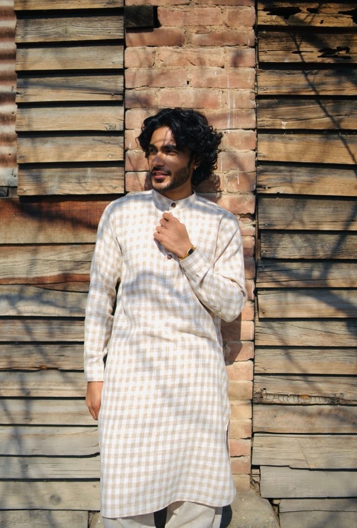Off White Check Printed Kurta Salwar