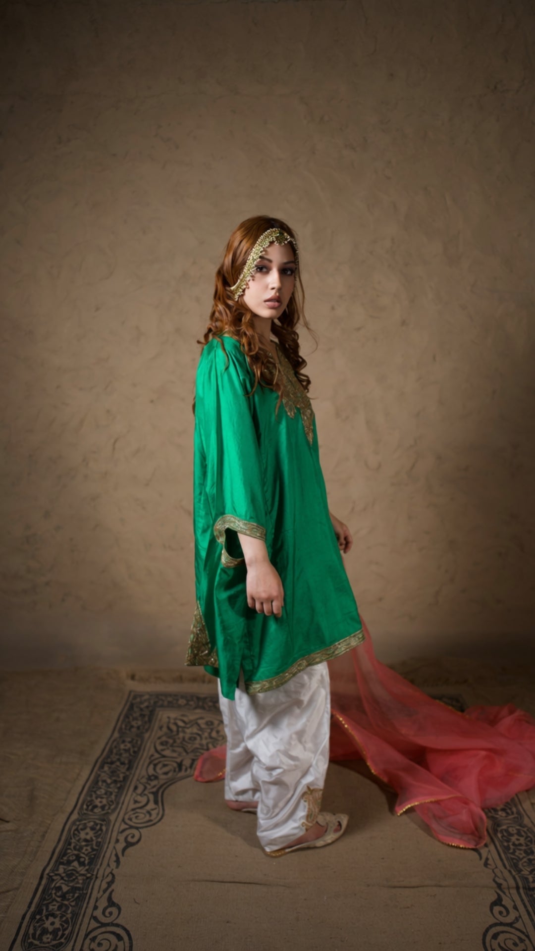 Green Embroidered Qurab Pheran Salwar with Organza Dupatta