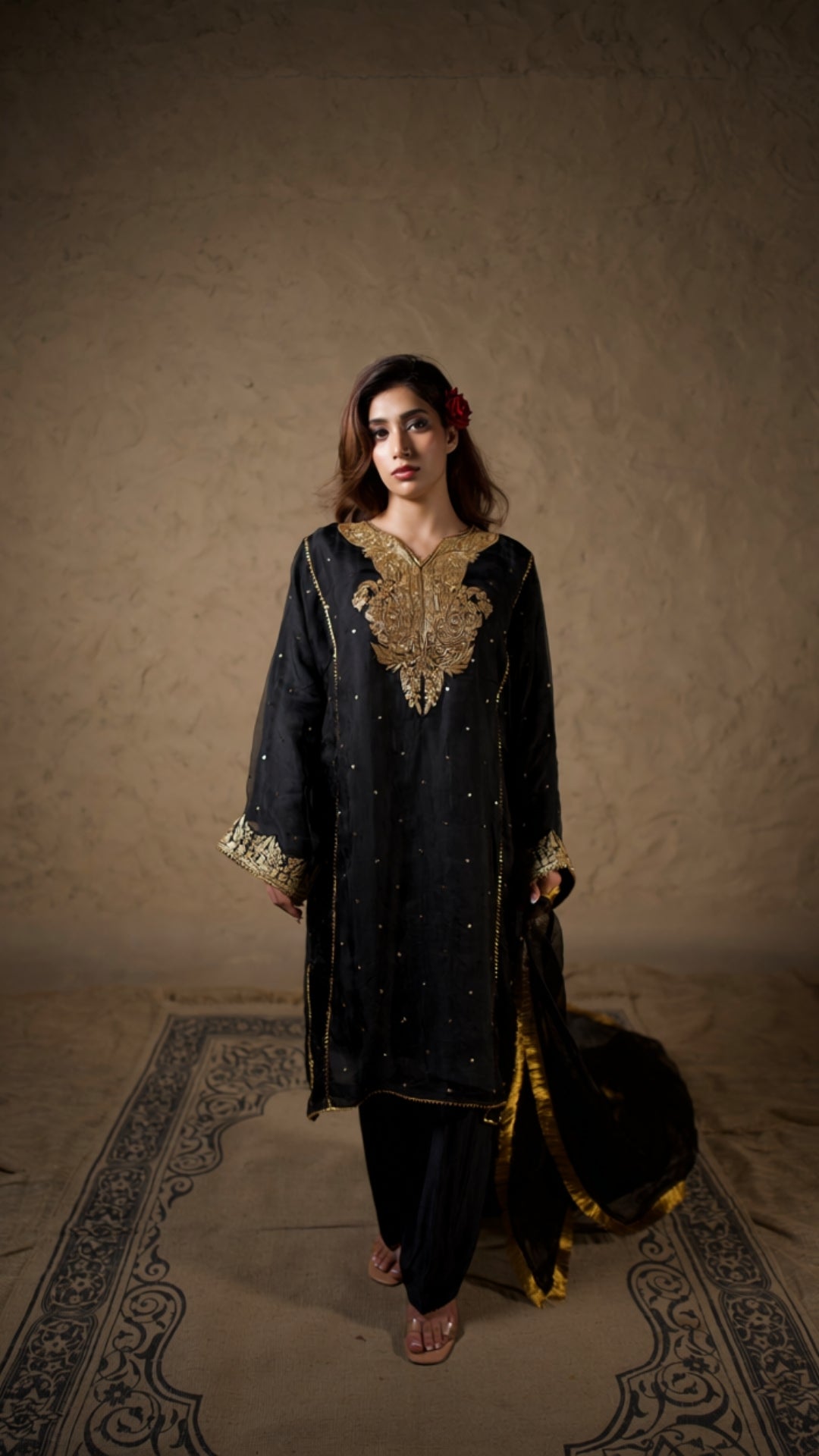 Black Embroidered Pheran Salwar with Dupatta