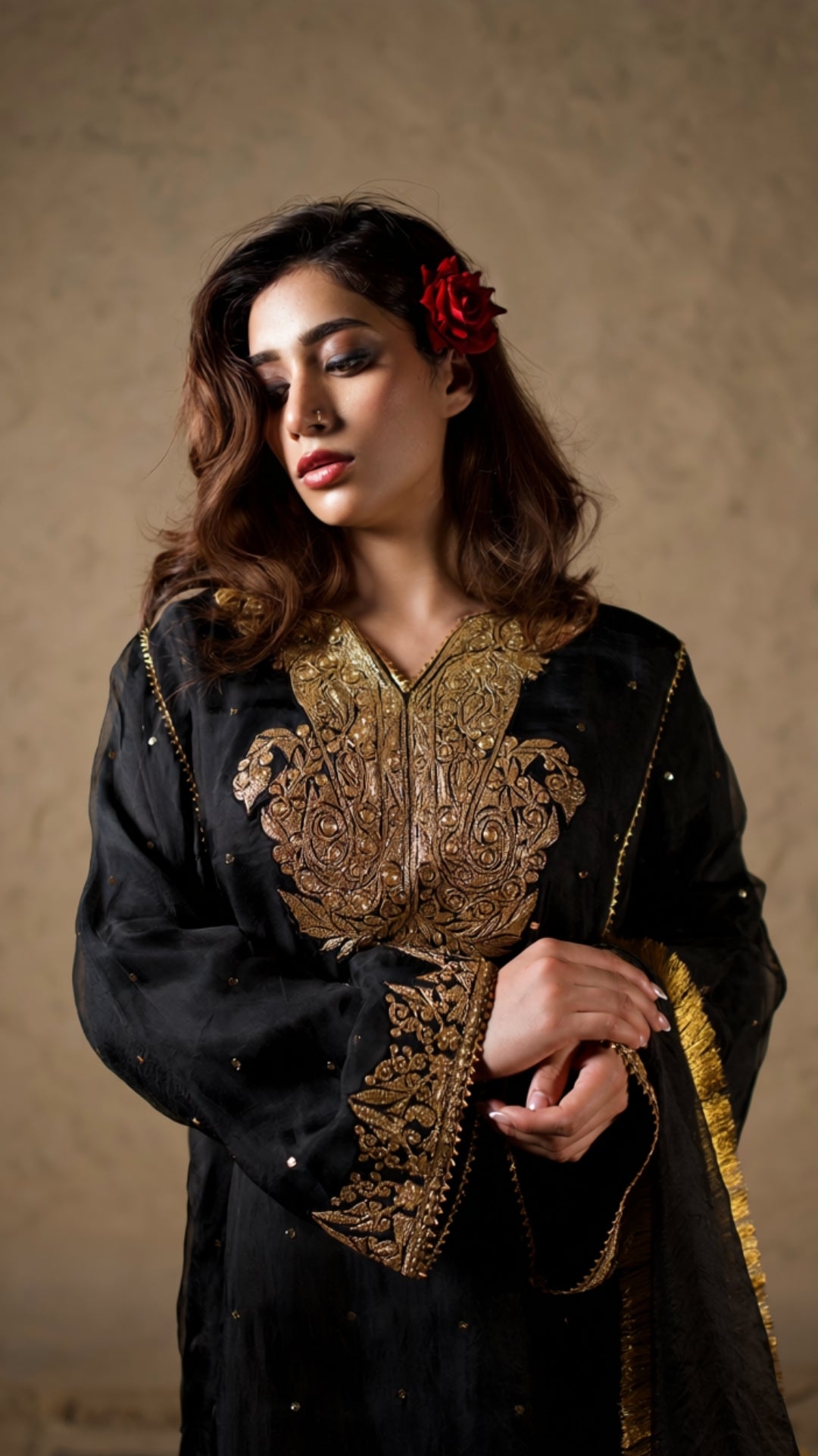 Black Embroidered Pheran Salwar with Dupatta