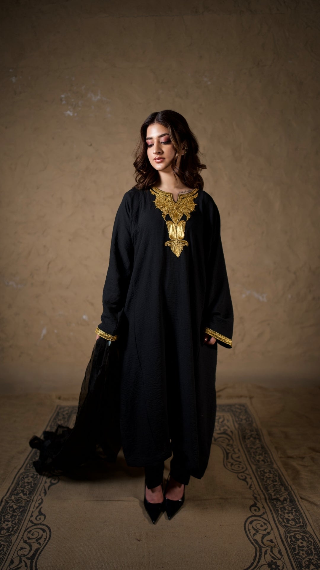 Black Embroidered Pheran Salwar with Dupatta