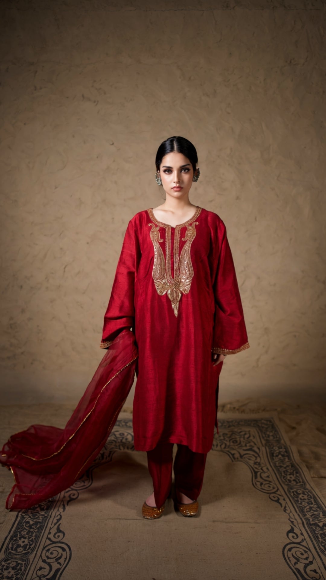 Maroon Hand Embroidered Pheran Salwar with Dupatta