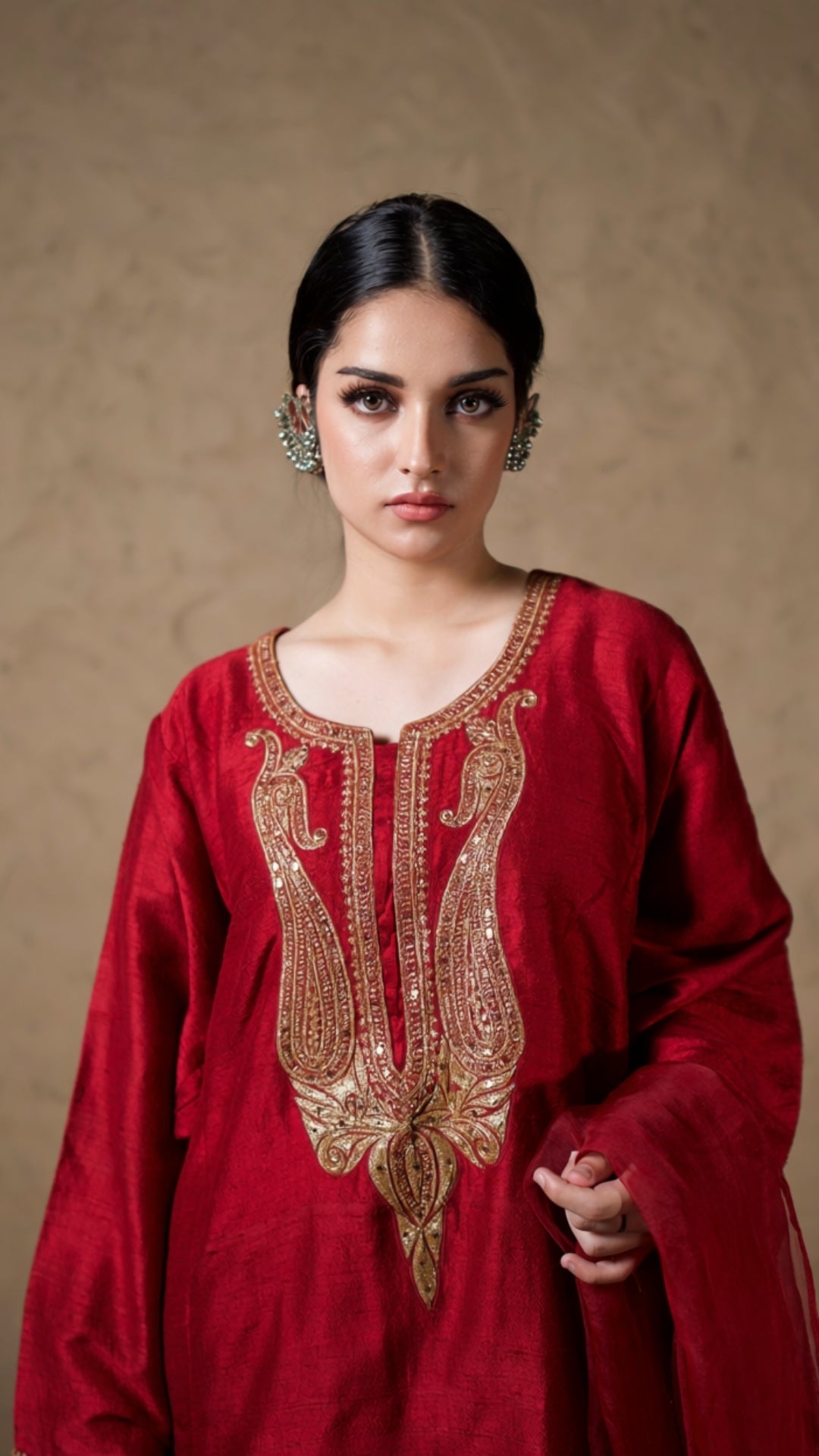 Maroon Hand Embroidered Pheran Salwar with Dupatta