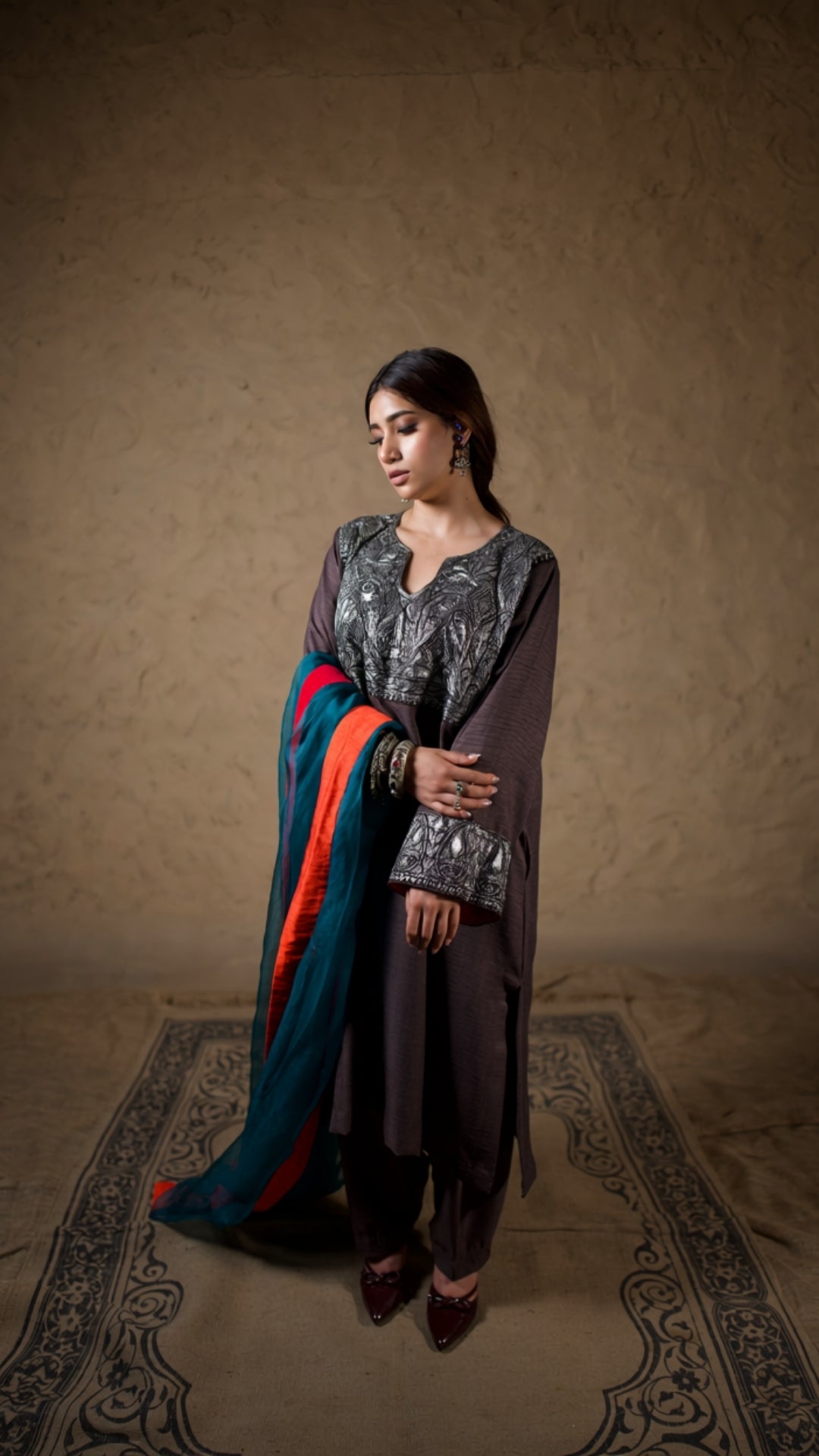 Brown Embroidered Pheran Salwar with Dupatta