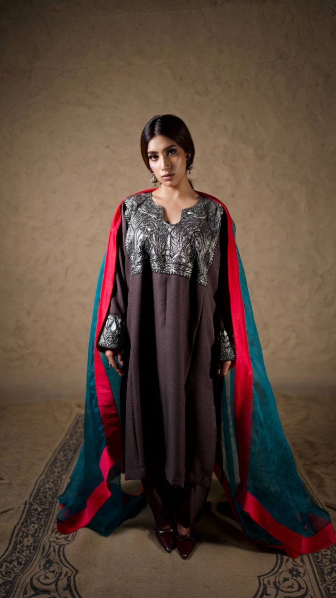 Brown Embroidered Pheran Salwar with Dupatta