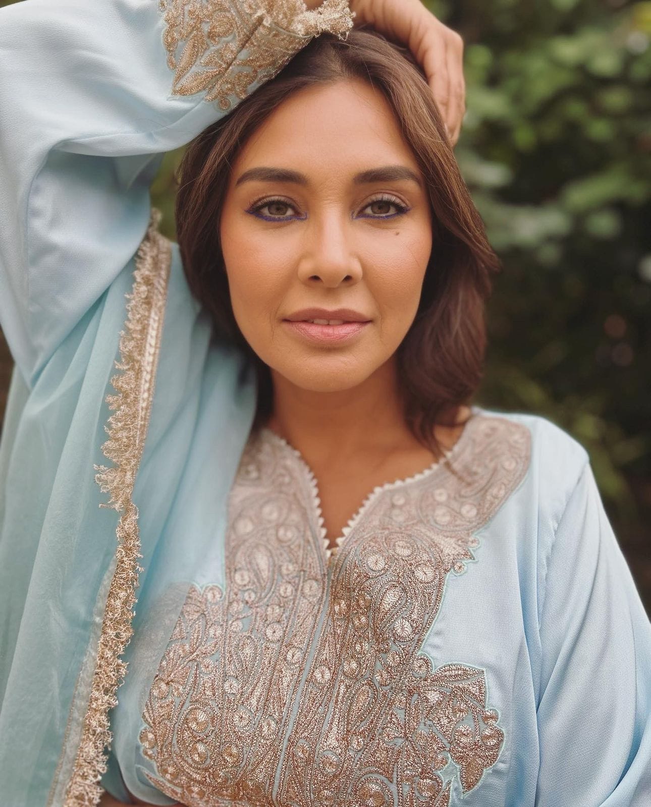 Lisa Ray in Powder Blue Tilla Embroidered Pheran Salwar Organza Dupatta