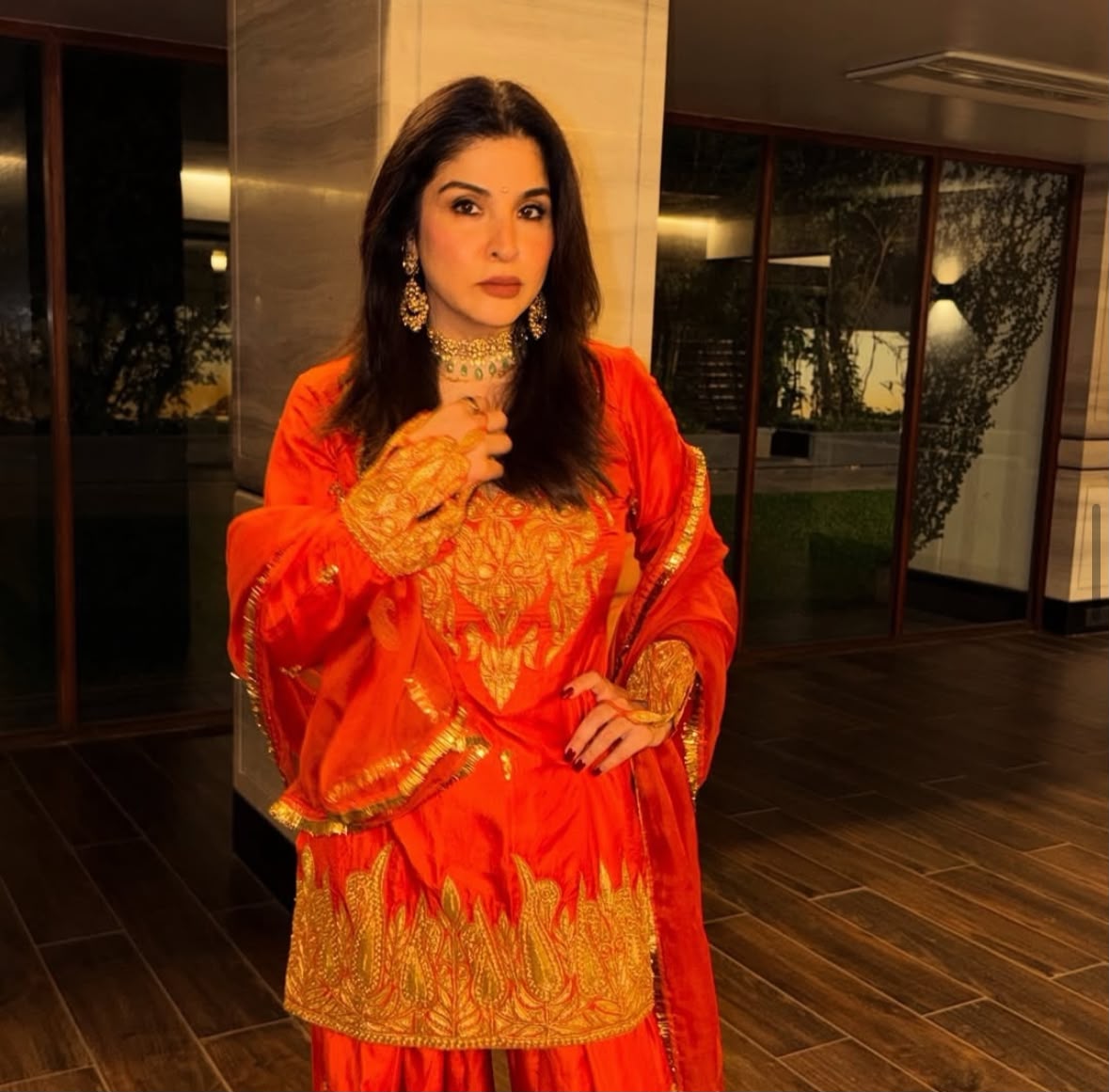 Maheep Karpoor in Rust Tilla Embroidered Kameez Farshi Salwar Organza Dupatta