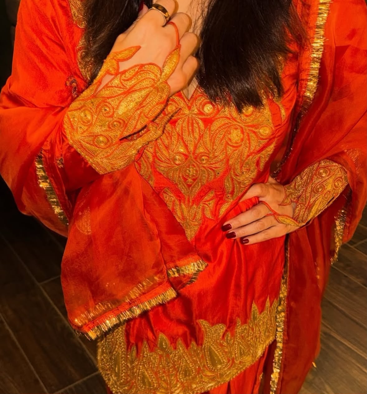 Maheep Karpoor in Rust Tilla Embroidered Kameez Farshi Salwar Organza Dupatta