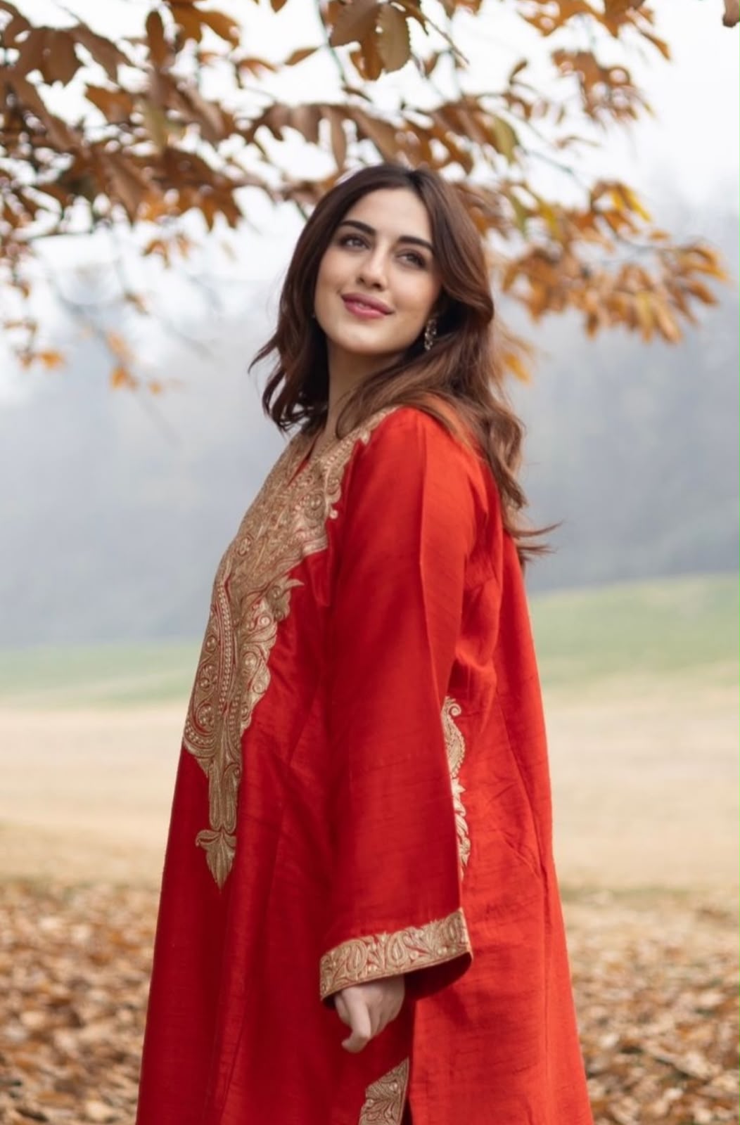 Red Tilla Embroidered Pheran Palazzo with Dupatta