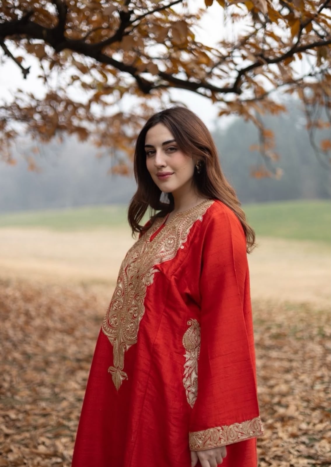 Red Tilla Embroidered Pheran Palazzo with Dupatta