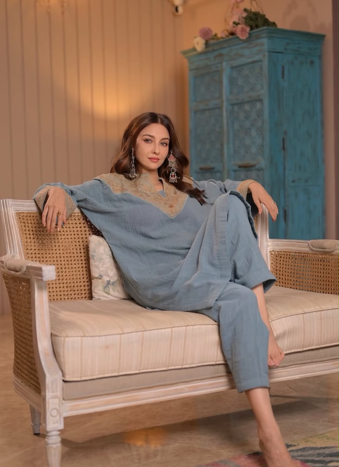 Powder Blue Embroidered Pheran Salwar