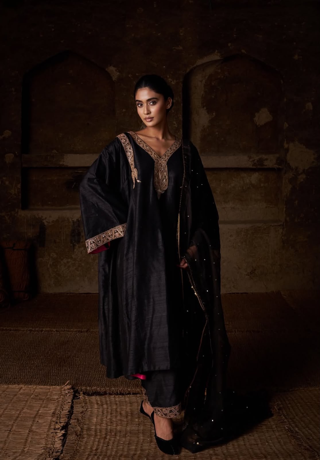 Black Tilla And Dabka Embroidered Kalidar Pheran Salwar with Dupatta