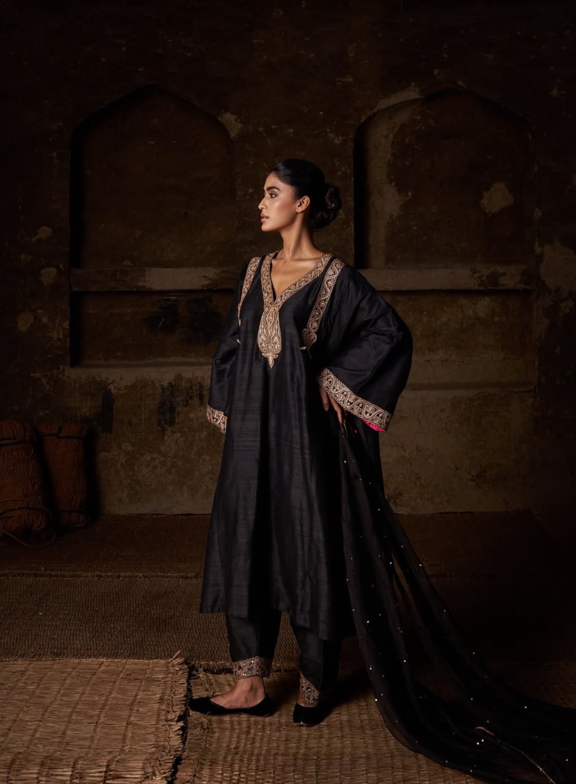 Black Tilla And Dabka Embroidered Kalidar Pheran Salwar with Dupatta