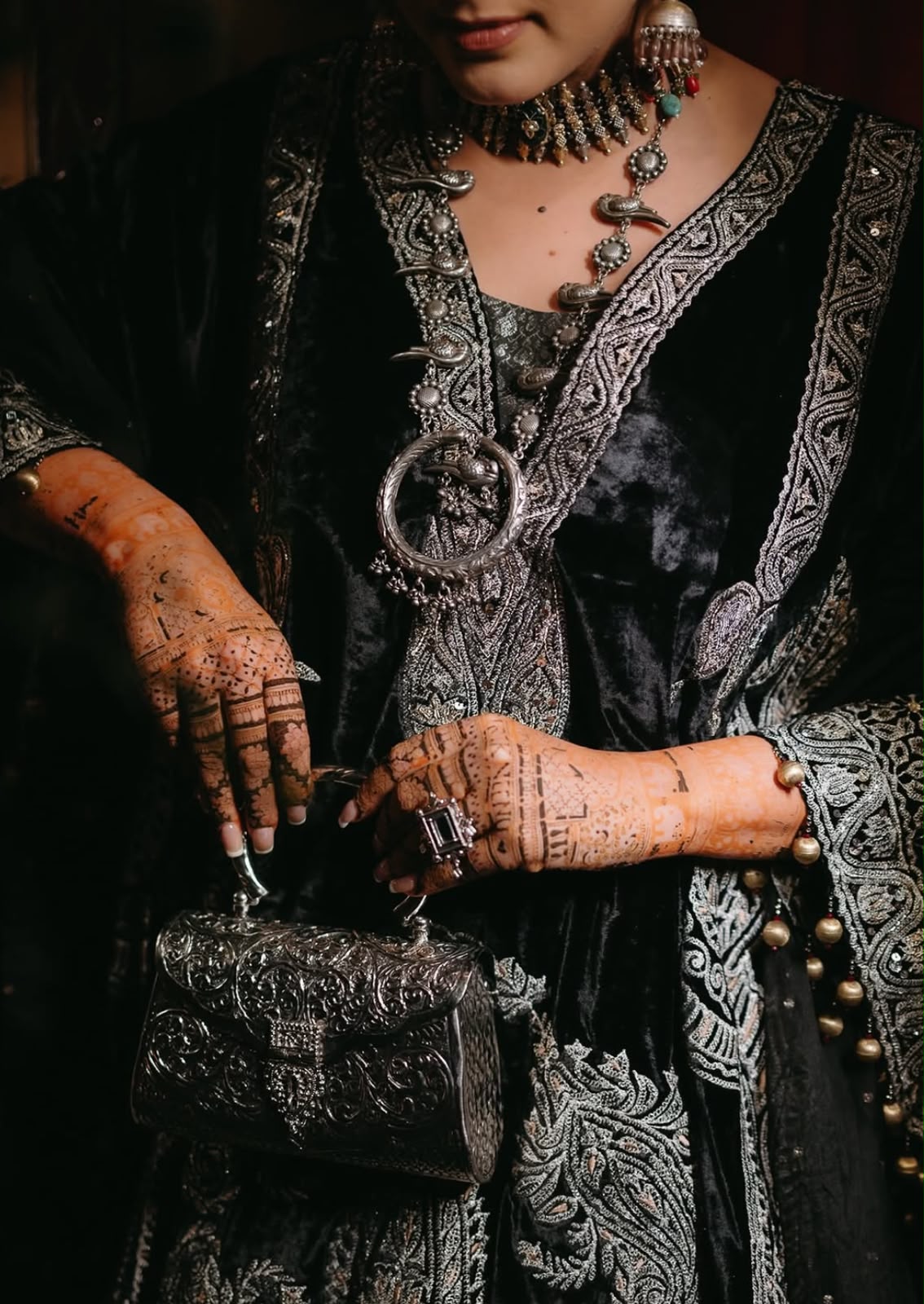 Black Tilla And Dabka Embroidered Kalidar Pheran Skirt with Dupatta