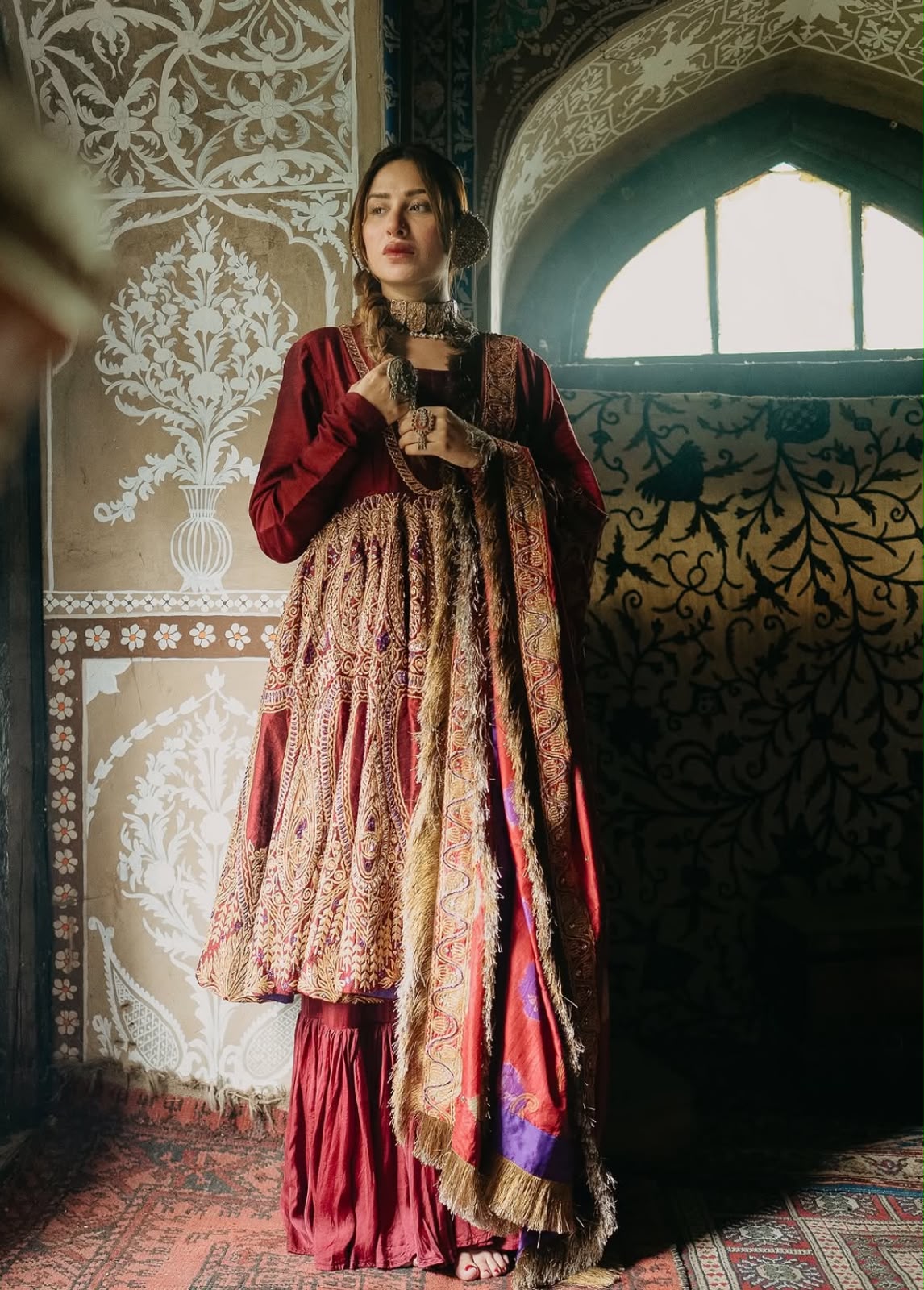 Maroon Raw Silk Kalidar Bandhani Dupatta Gharara