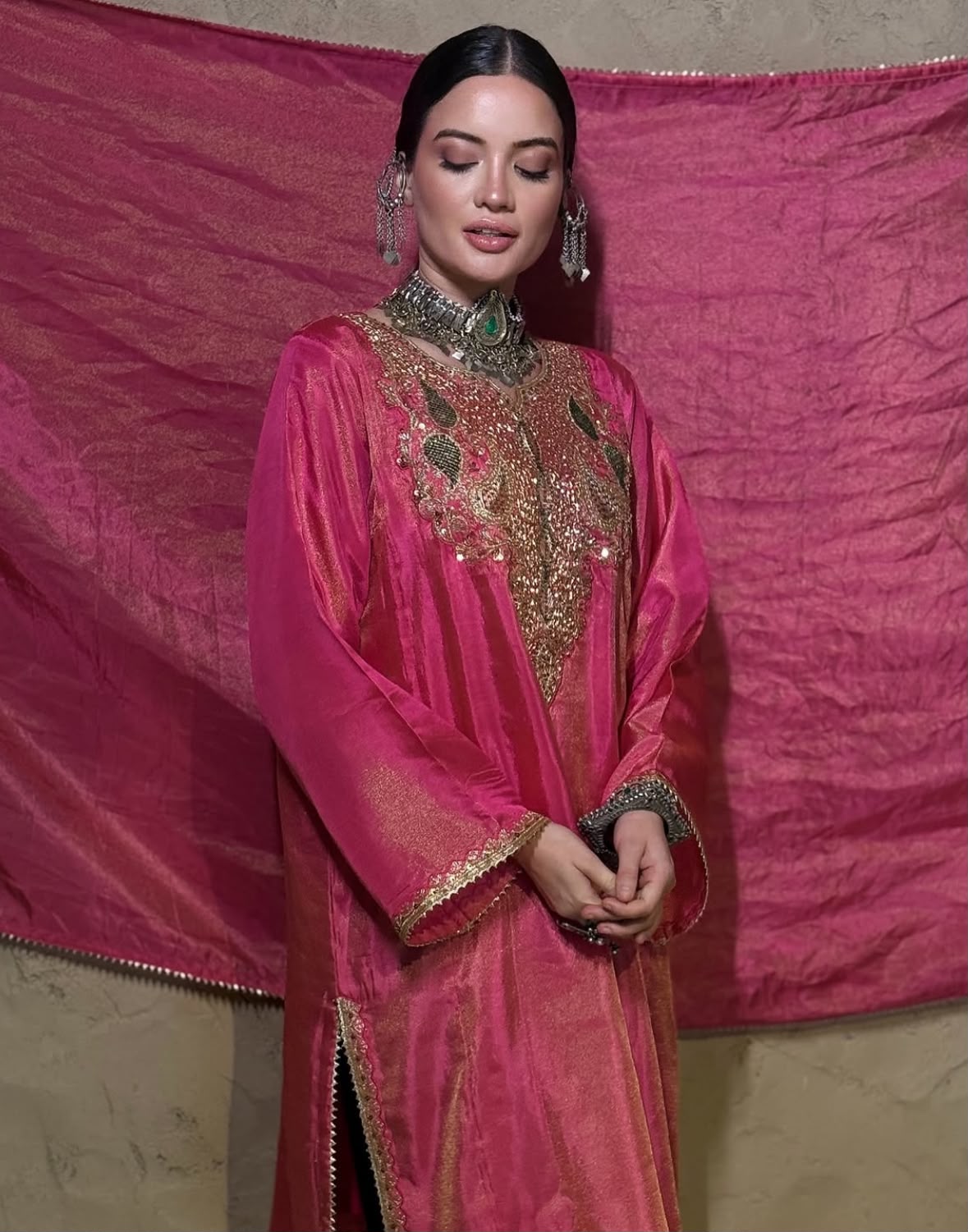 Pink Tilla and Hand Done Naqshi Pheran Salwar