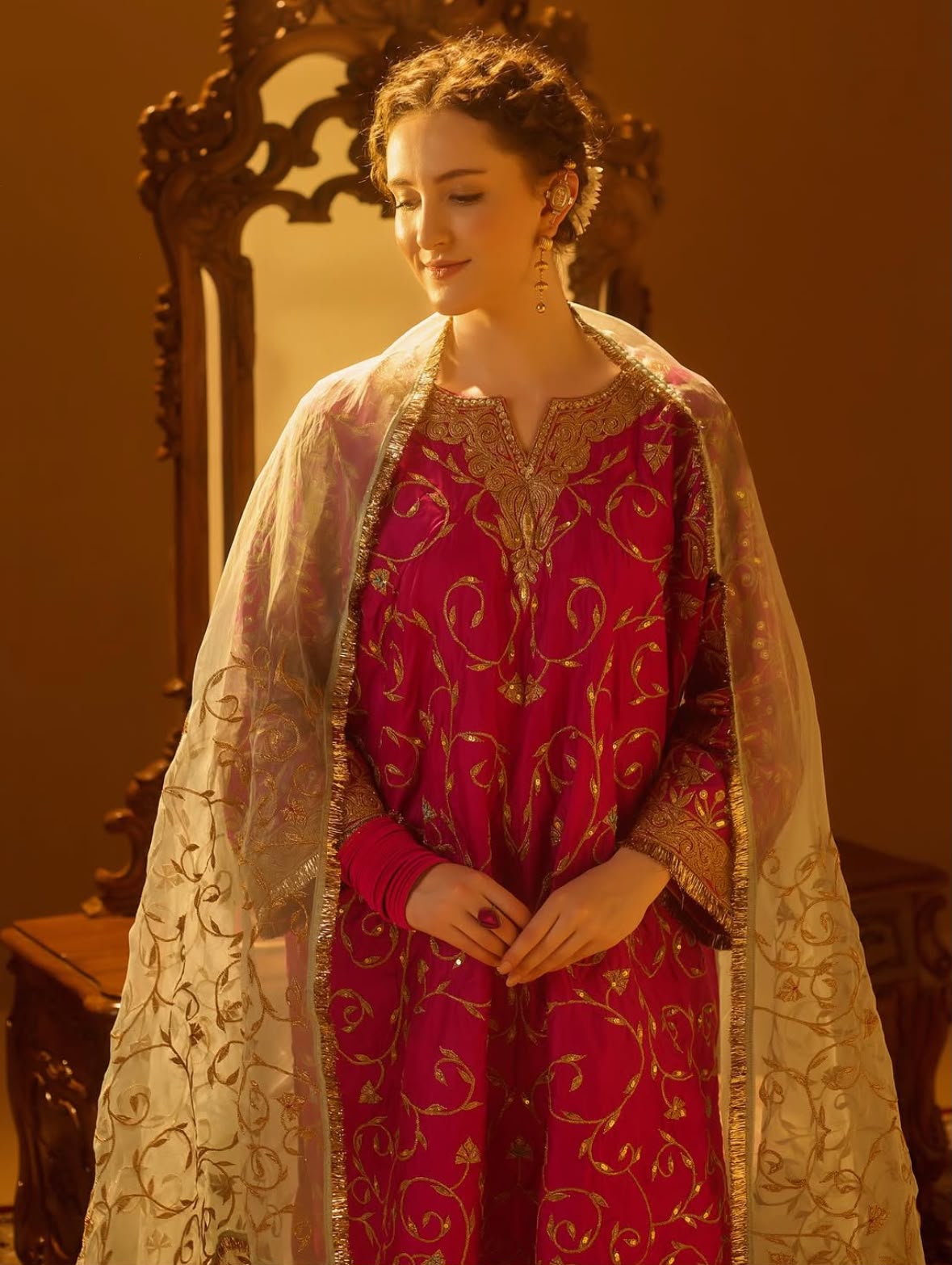 Pink Tilla Embroidered Pheran Salwar Organza Dupatta