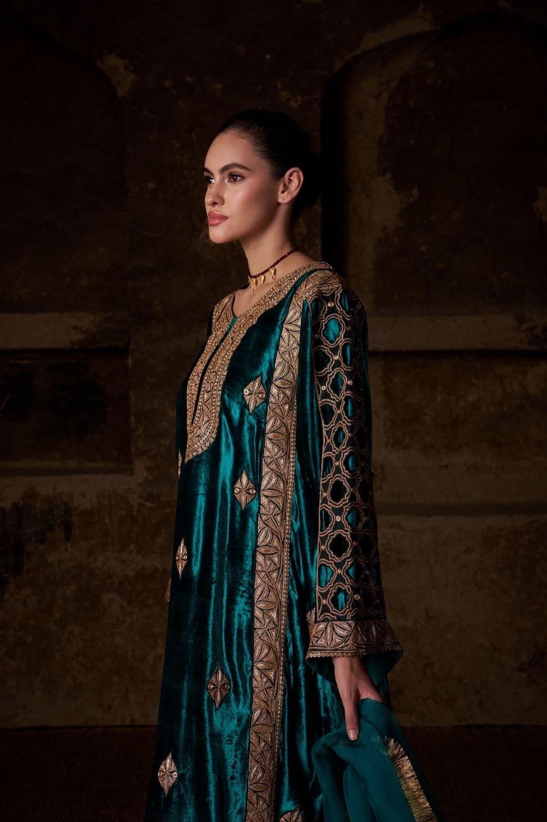Green Tilla Embroidered Pheran Salwar with Organza Dupatta