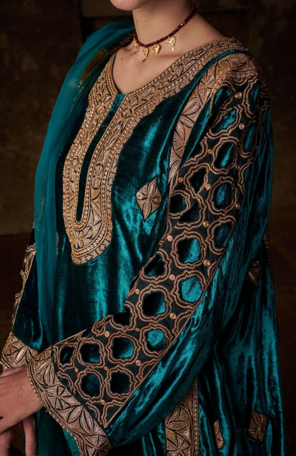 Green Tilla Embroidered Pheran Salwar with Organza Dupatta