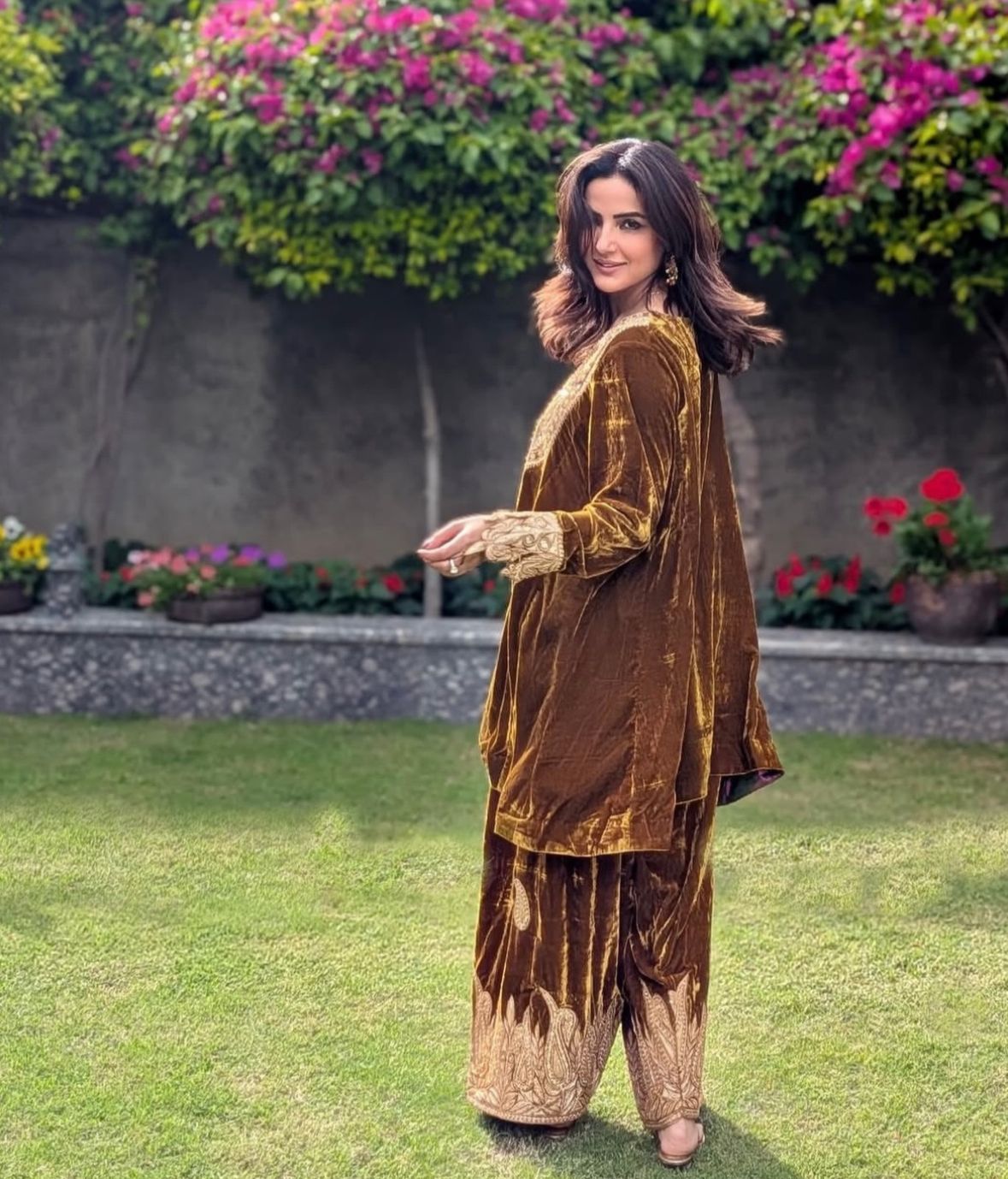 Jasmine in Mustard and Purple Tilla and Hand  Embroidered Round Pheran Farshi Salwar Silk Bandhani Dupatta