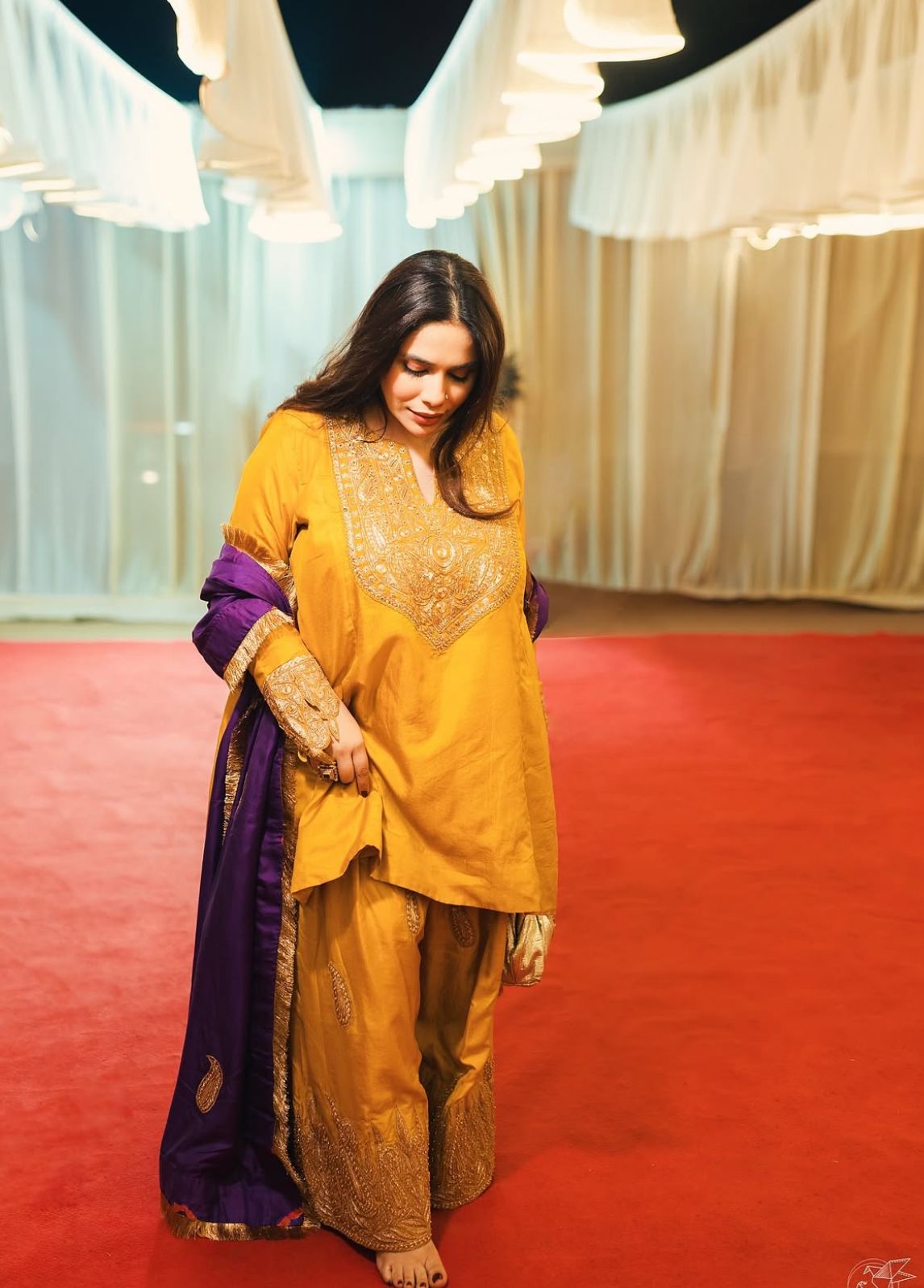 Meera Bachan in Mustard and Purple Tilla and Hand Embroidered Pheran Farshi Salwar Silk Bandhani Dupatta