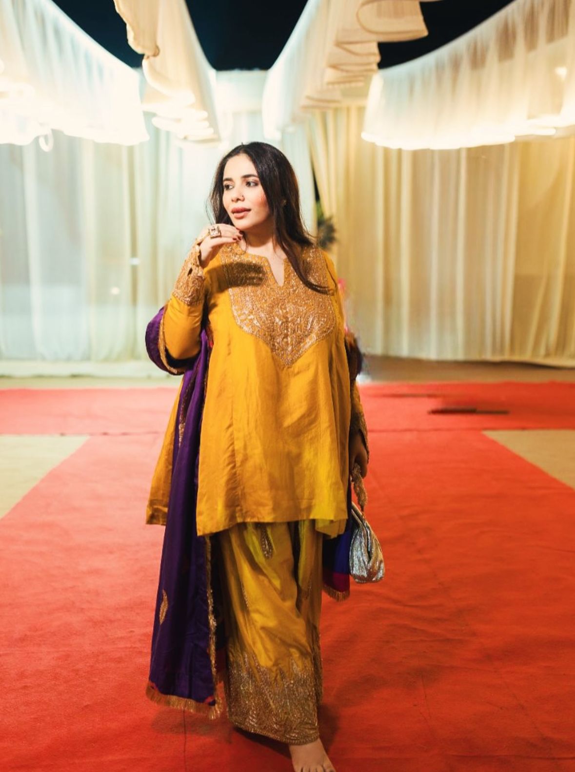 Meera Bachan in Mustard and Purple Tilla and Hand Embroidered Pheran Farshi Salwar Silk Bandhani Dupatta