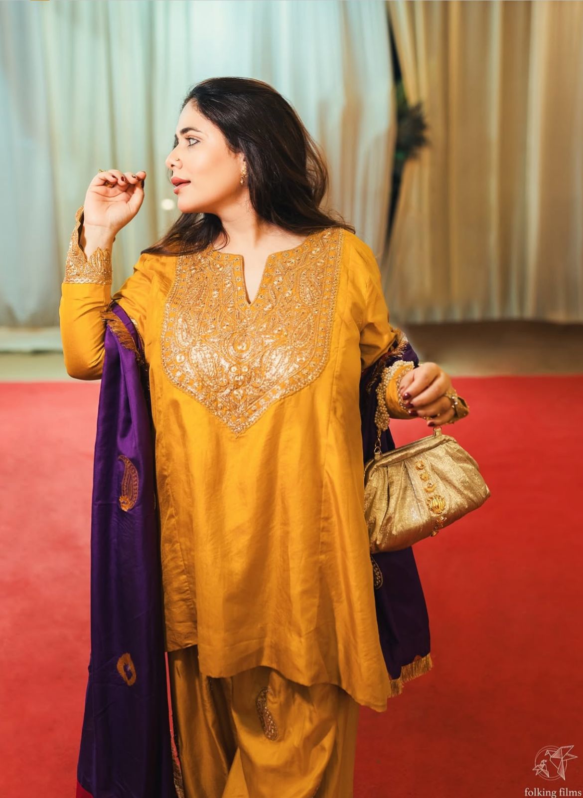 Meera Bachan in Mustard and Purple Tilla and Hand Embroidered Pheran Farshi Salwar Silk Bandhani Dupatta