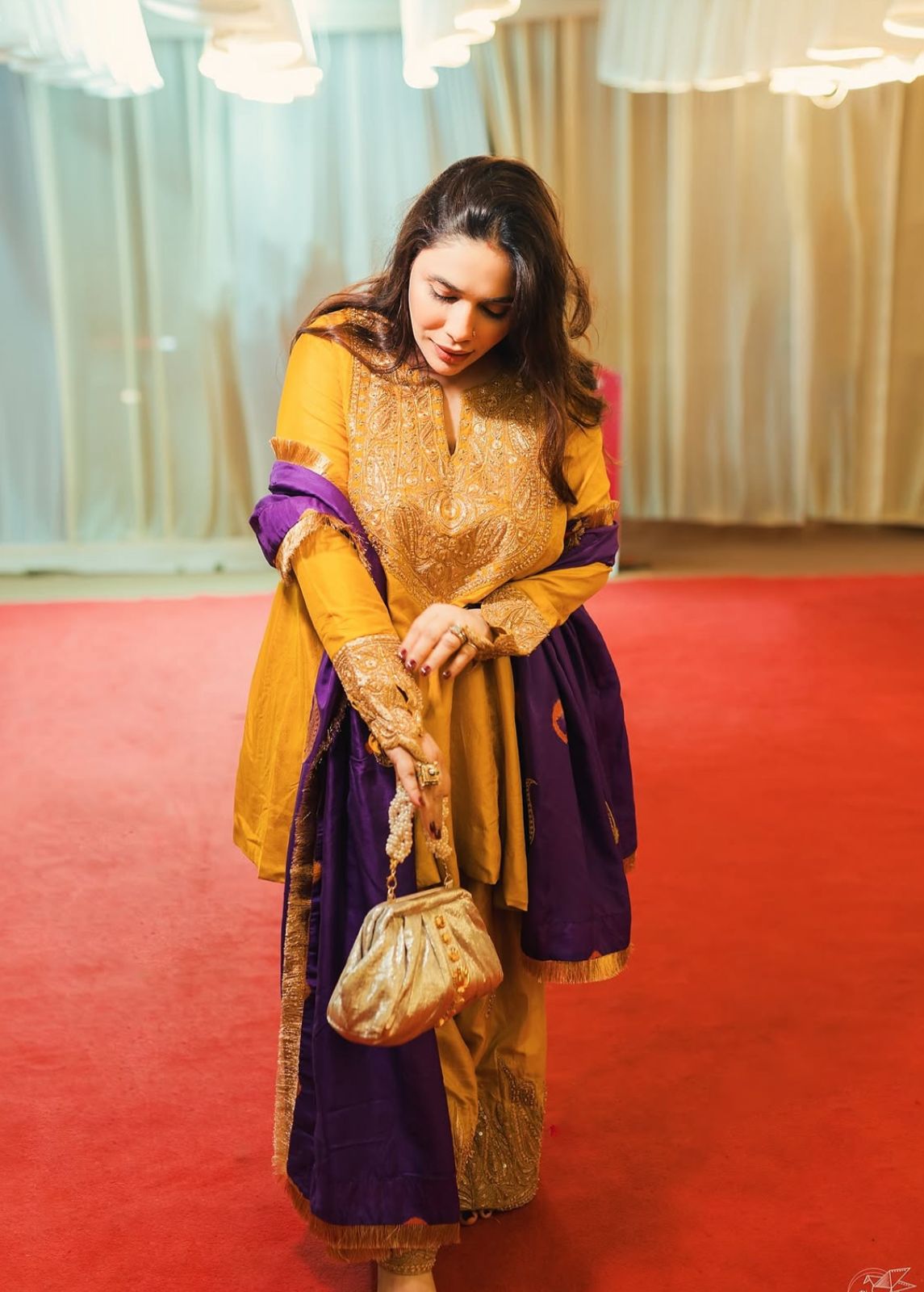 Meera Bachan in Mustard and Purple Tilla and Hand Embroidered Pheran Farshi Salwar Silk Bandhani Dupatta
