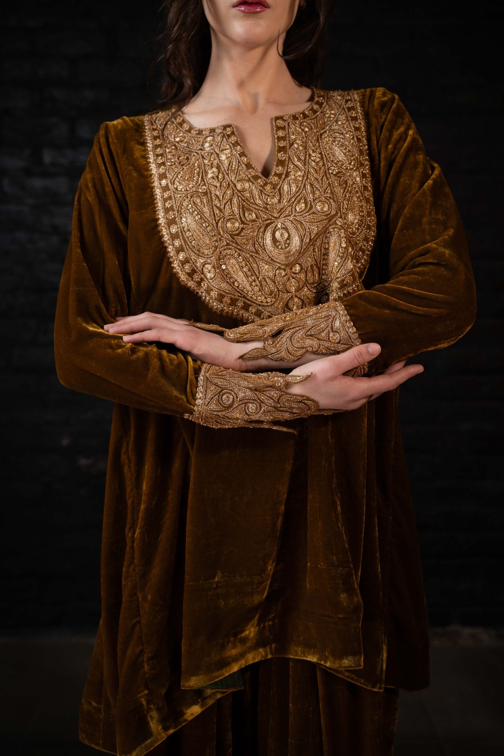 Mustard and Purple Tilla and Hand  Embroidered Round Pheran Farshi Salwar Silk Bandhani Dupatta