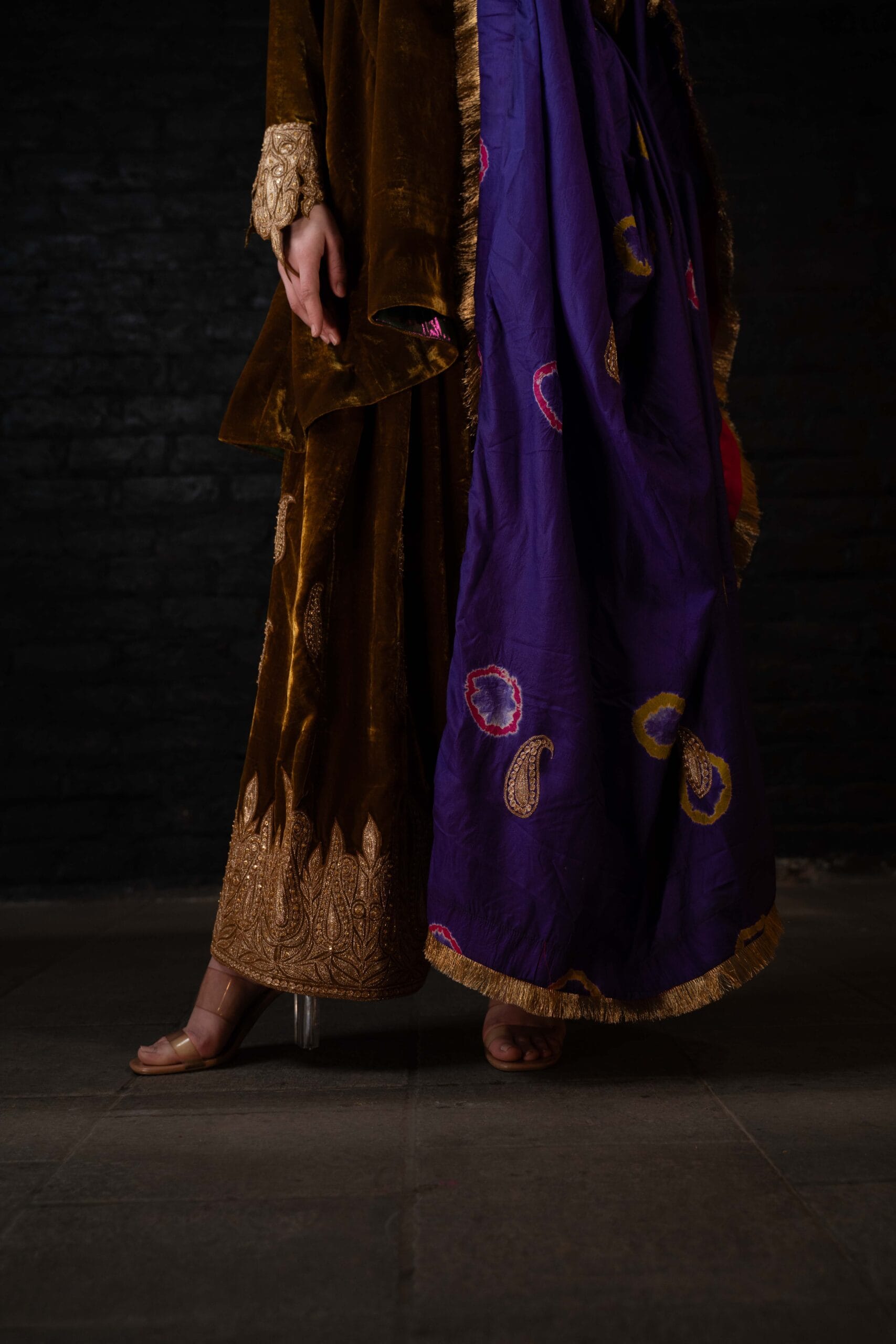 Mustard and Purple Tilla and Hand  Embroidered Round Pheran Farshi Salwar Silk Bandhani Dupatta