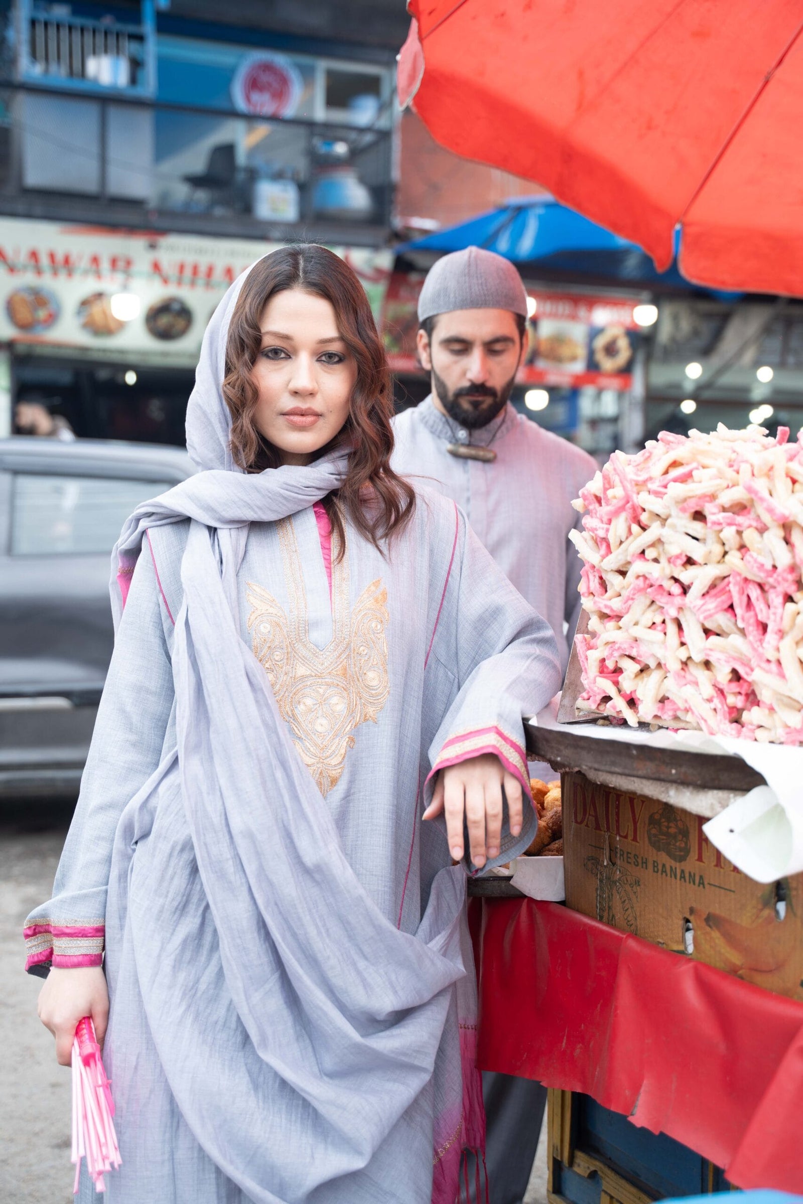 Pastel Grey Tilla Embroidered Round Pheran Farshi Salwar Dupatta