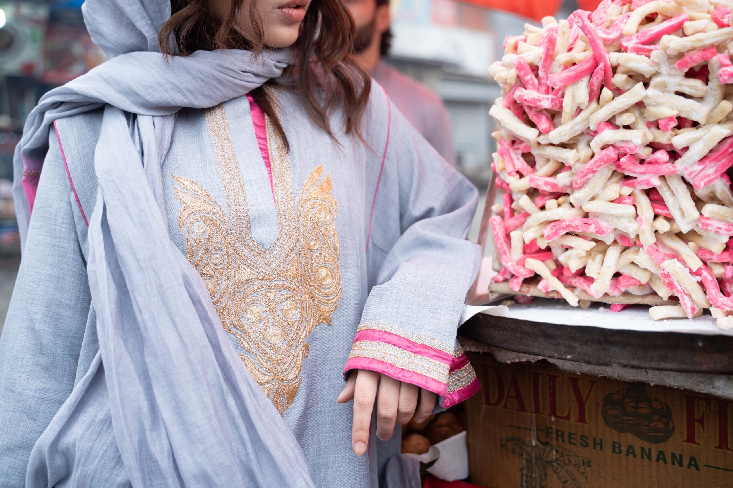 Pastel Grey Tilla Embroidered Round Pheran Farshi Salwar Dupatta