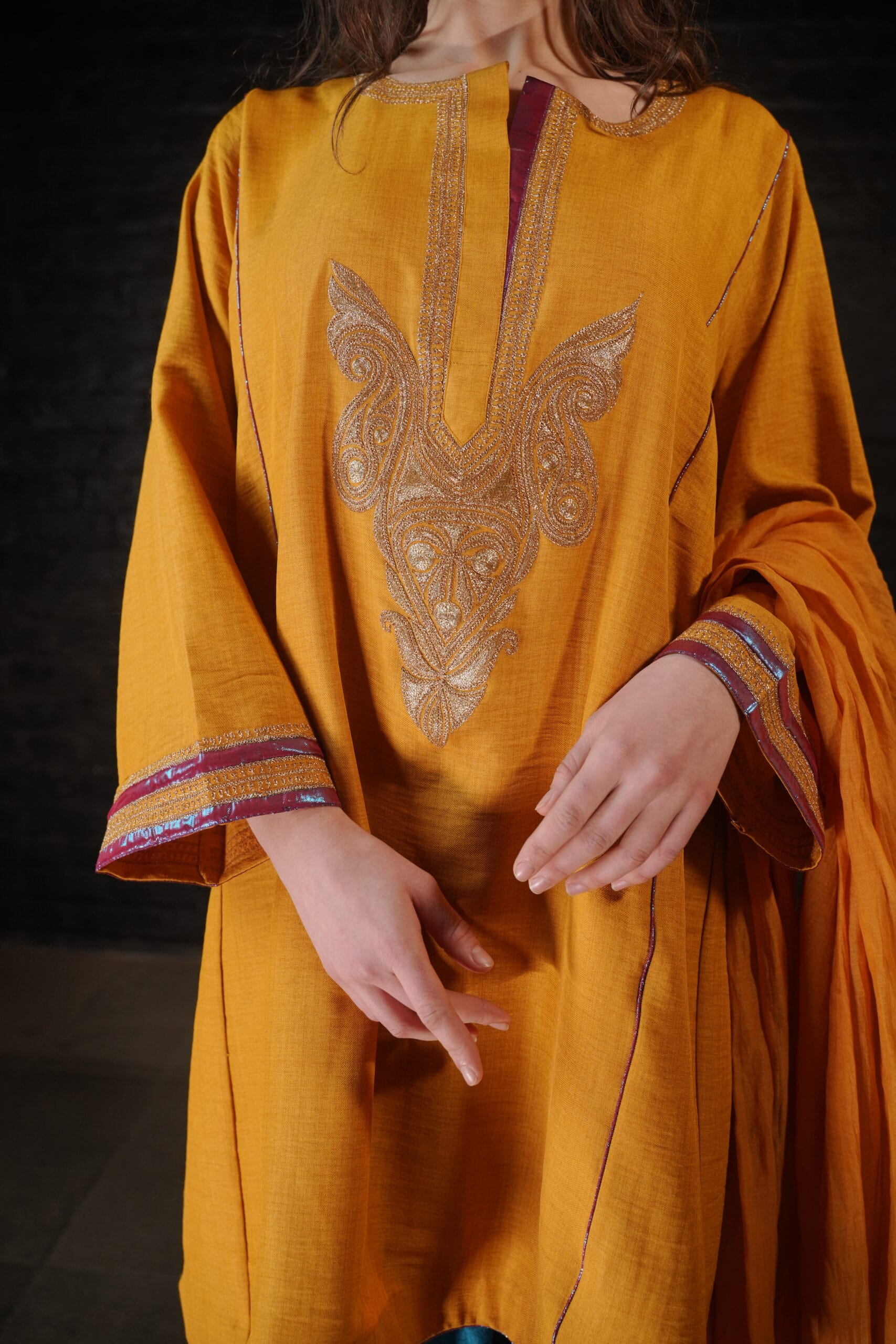 Mustard and Teal Tilla Embroidered Round Pheran Farshi Salwar Dupatta