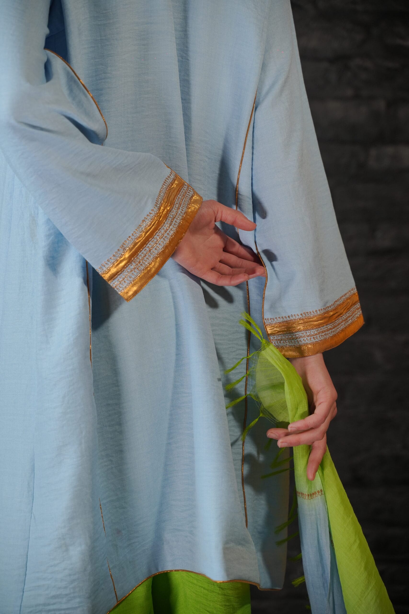 Powder Blue  and Green  Tilla Embroidered Round Pheran Farshi Salwar Dupatta