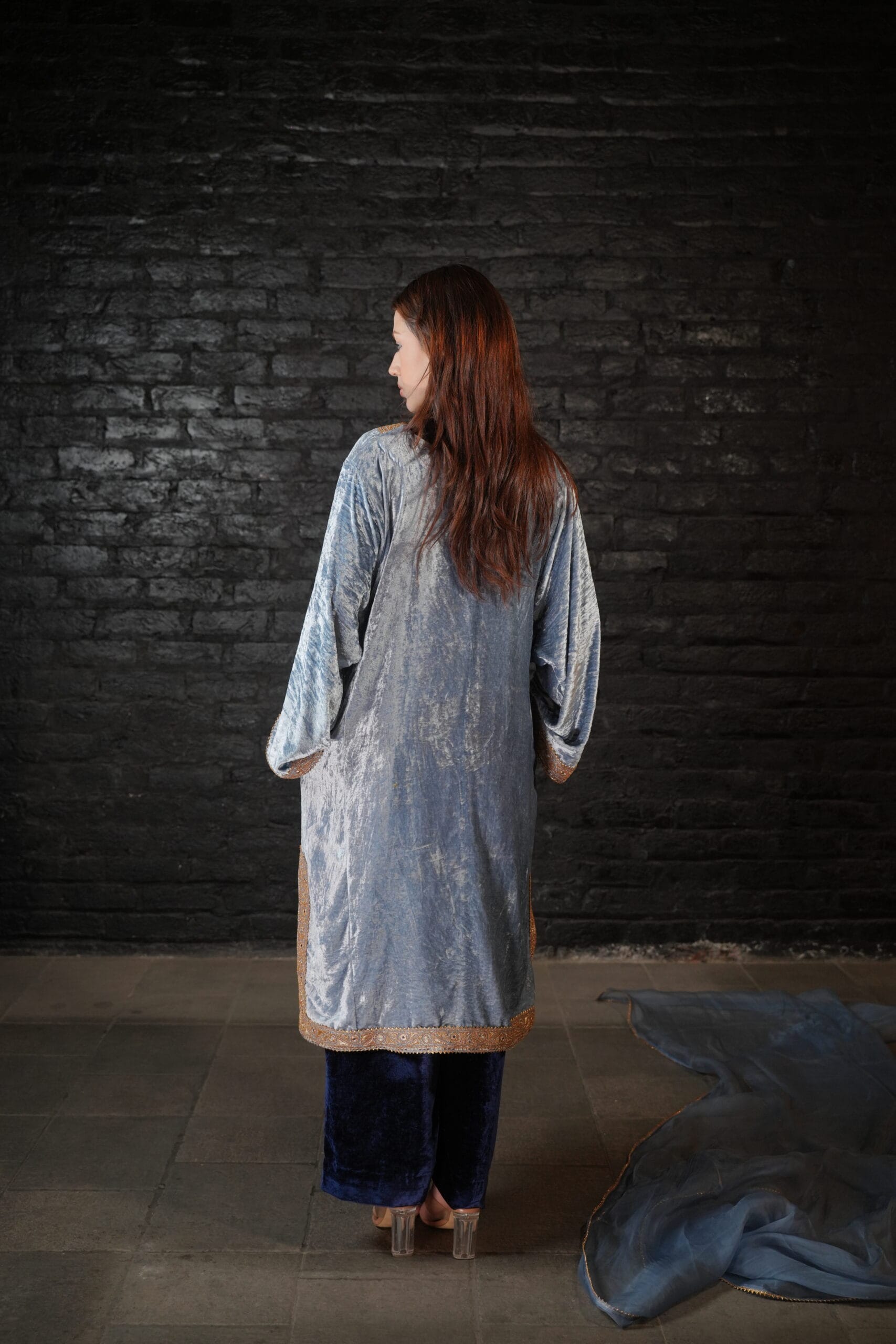 Blue Tilla  and Thread Embroidered  Pheran Pants Dupatta