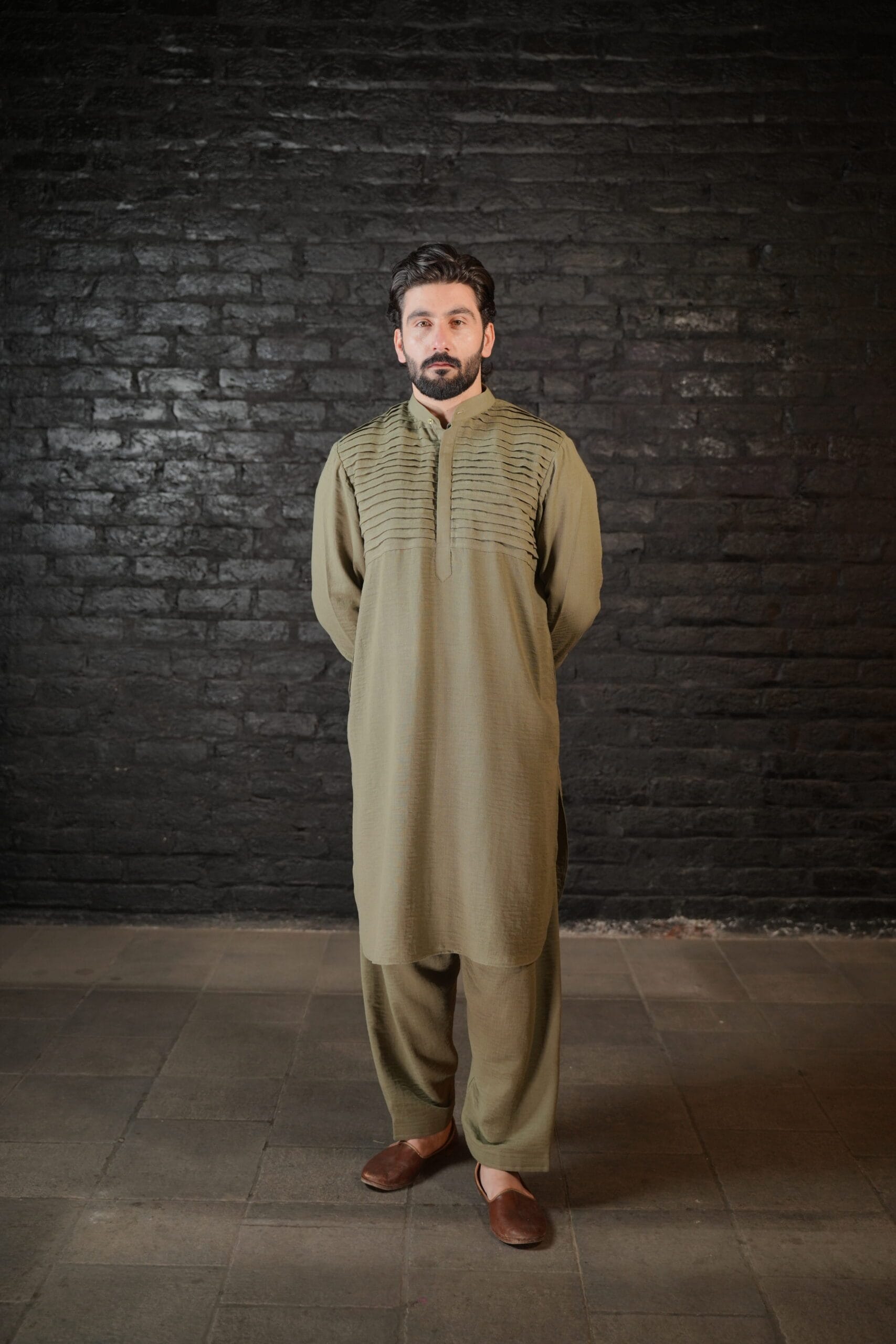 Olive Pleated Kurta Salwar