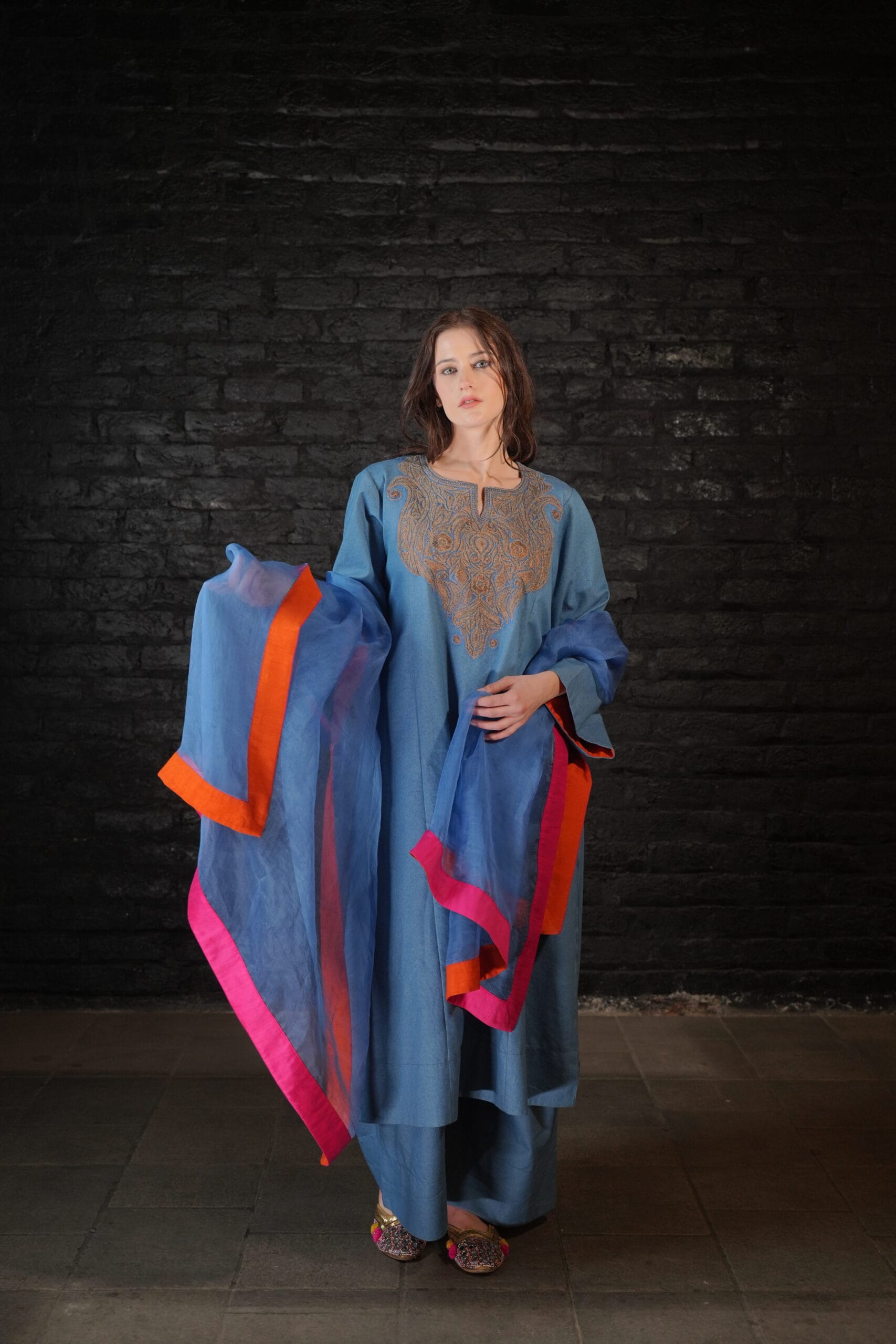 Denim Tilla Embroidered Pheran Pants Dupatta