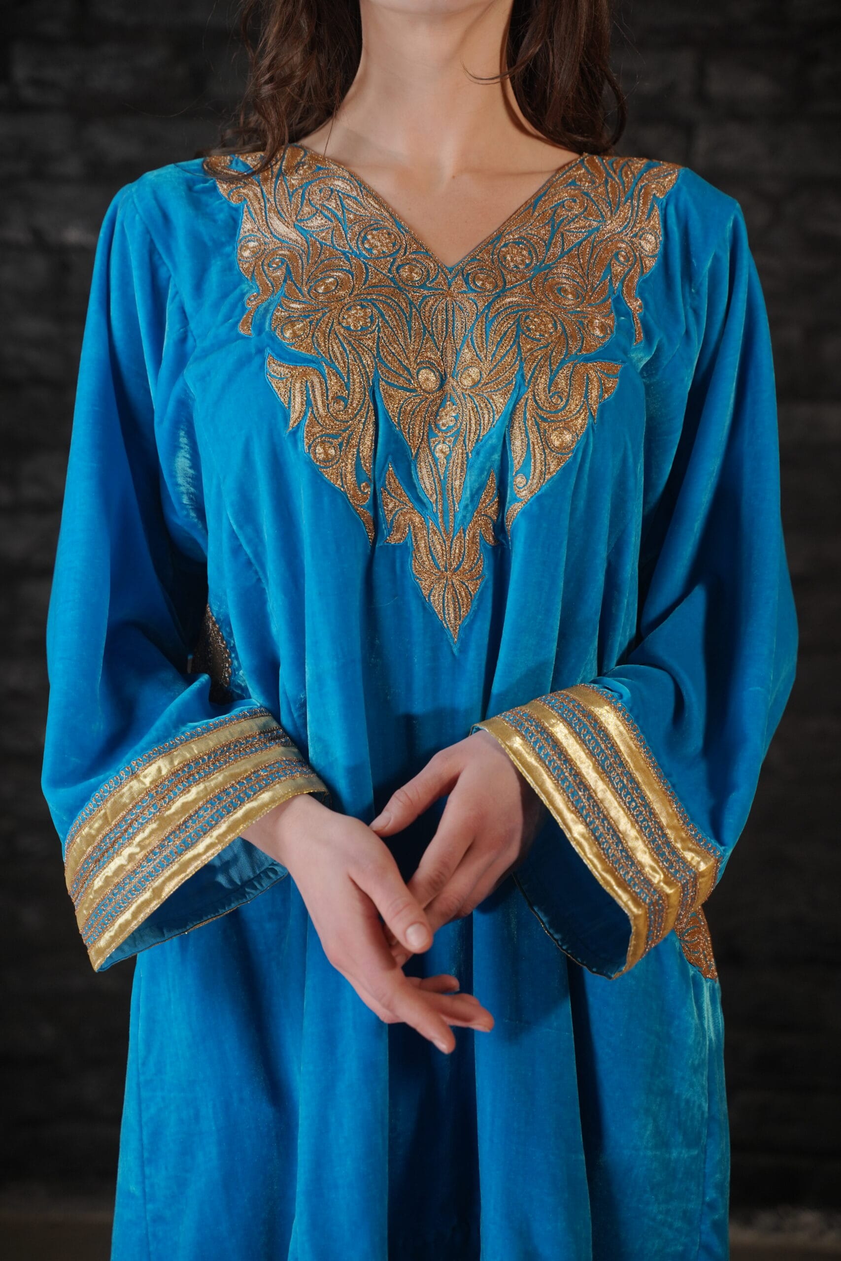 Aqua Blue Tilla Embroidered Round  Pheran Farshi Salwar Organza Dupatta