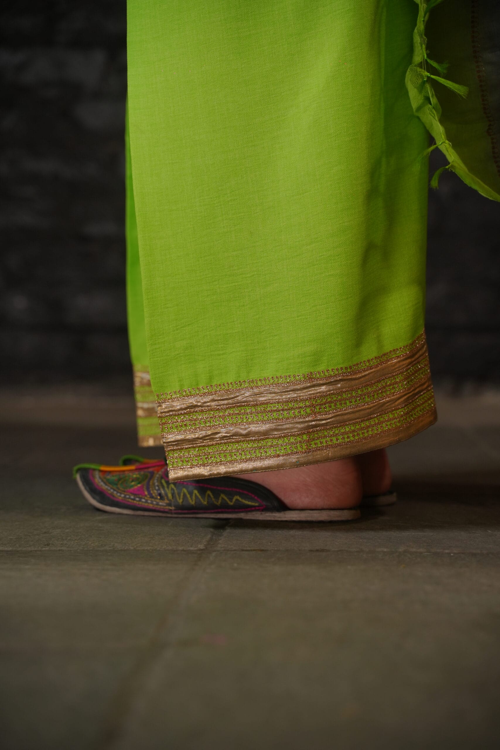 Grey and Green Tilla Embroidered Round Pheran Farshi Salwar Dupatta
