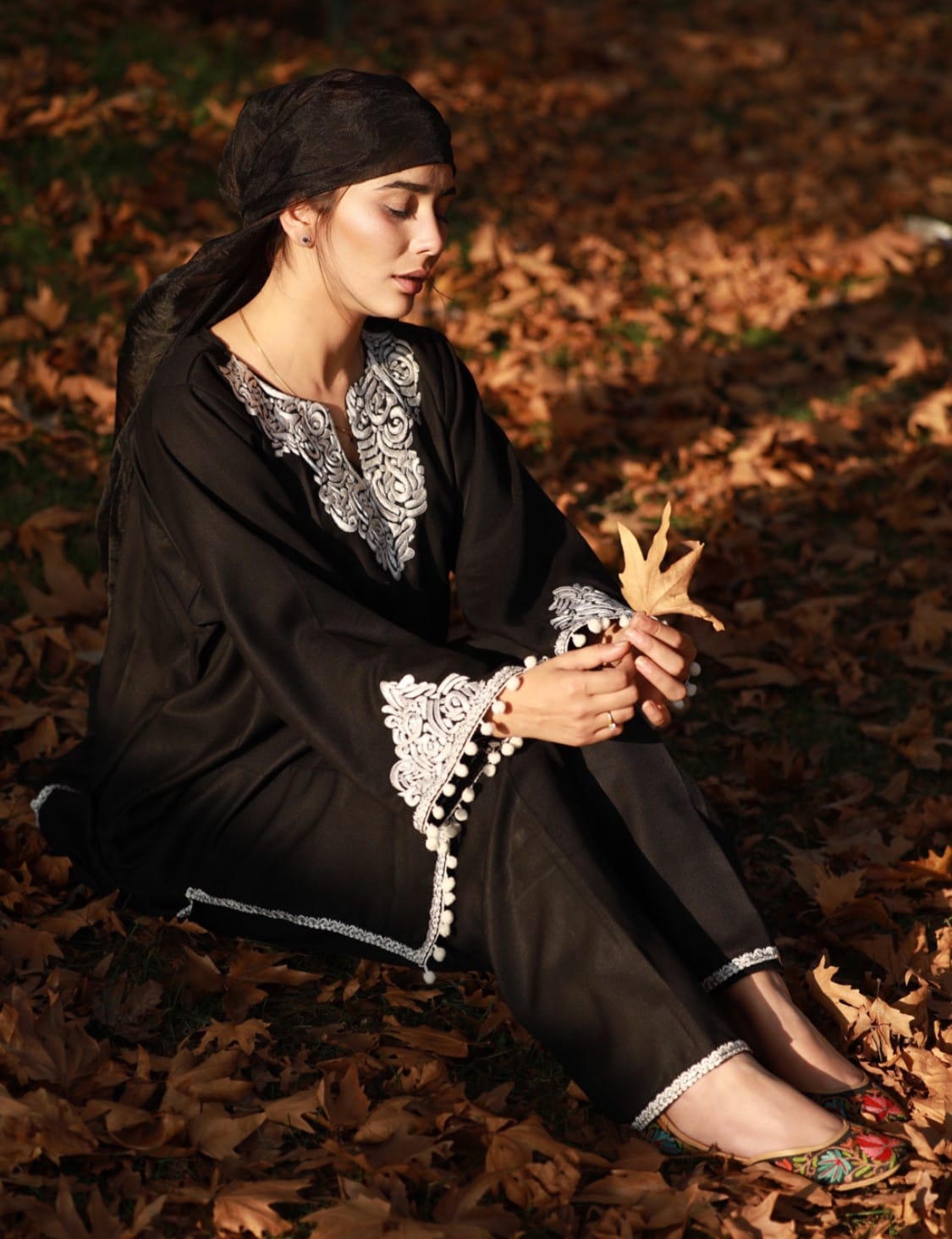 Black Thread Embroidered Pheran Salwar Organza Dupatta