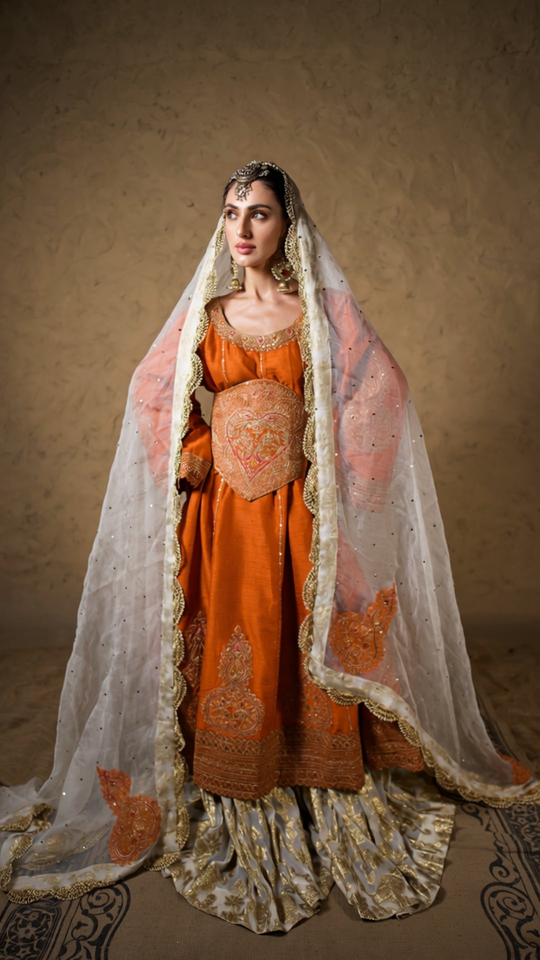 Burnt Orange Tilla Embroidered Kalidar Corset & Kali Sharara with Embroidered Dupatta
