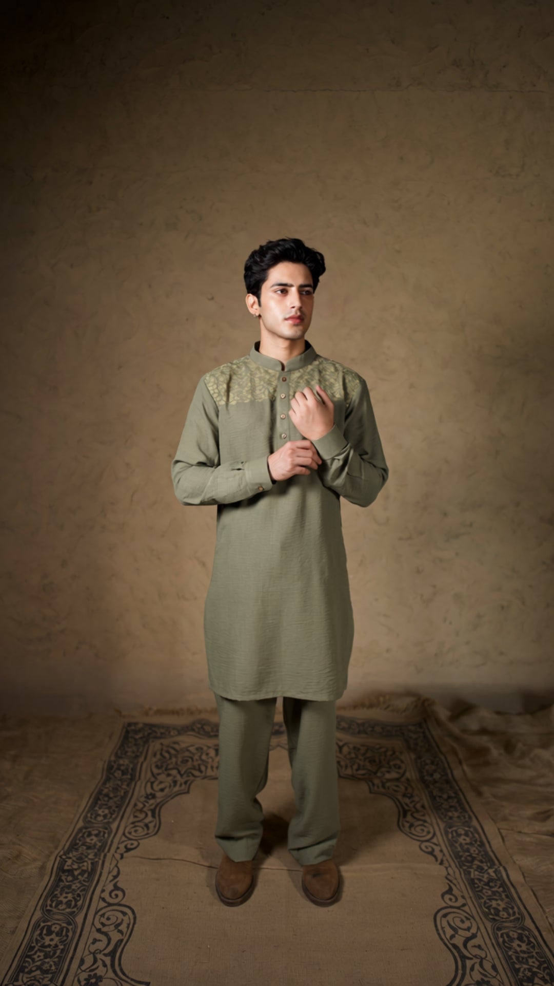 Olive Green Khatamband Thread Embroidered Kurta Salwar